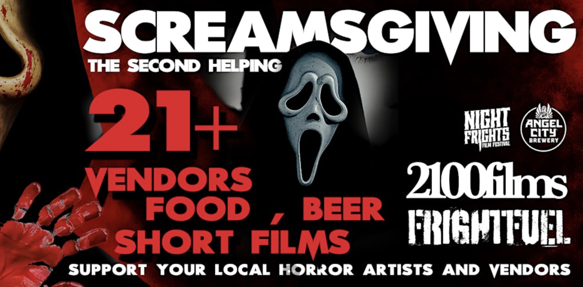 An image of the flyer for the Screamsgiving: Vendor Market & Trivia Night at Angel City Brewery.
