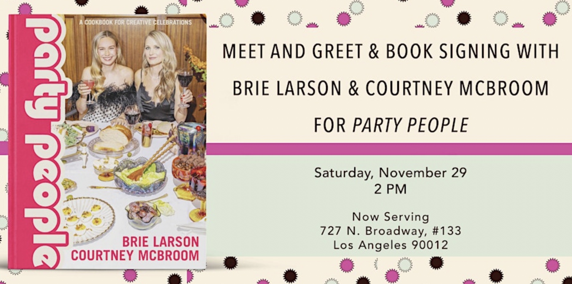 An image of the flyer for Meet & Greet Book Signing with Brie Larson & Courtney McBroom for Party People
