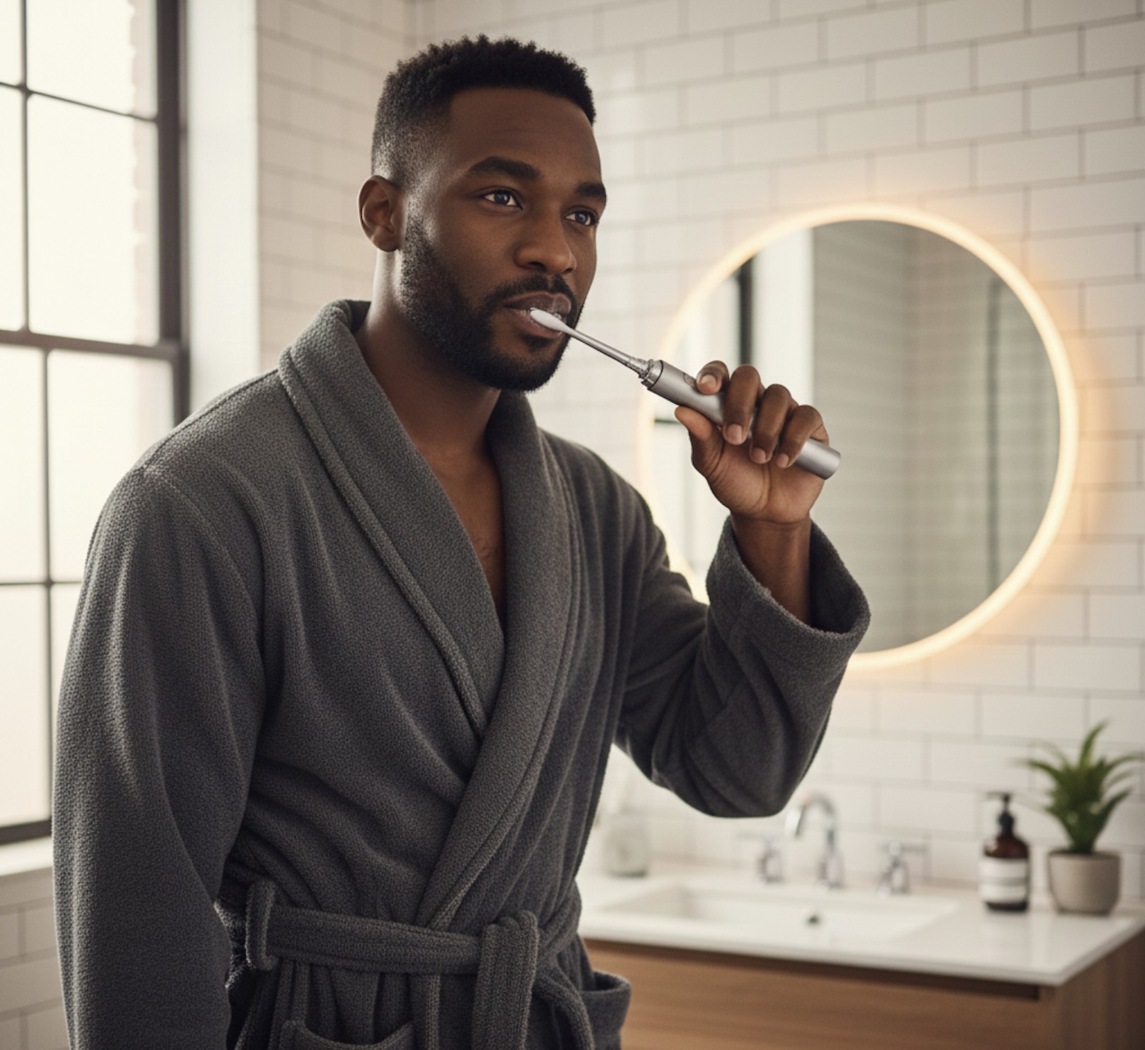 An image of a man using an electric toothbrush.