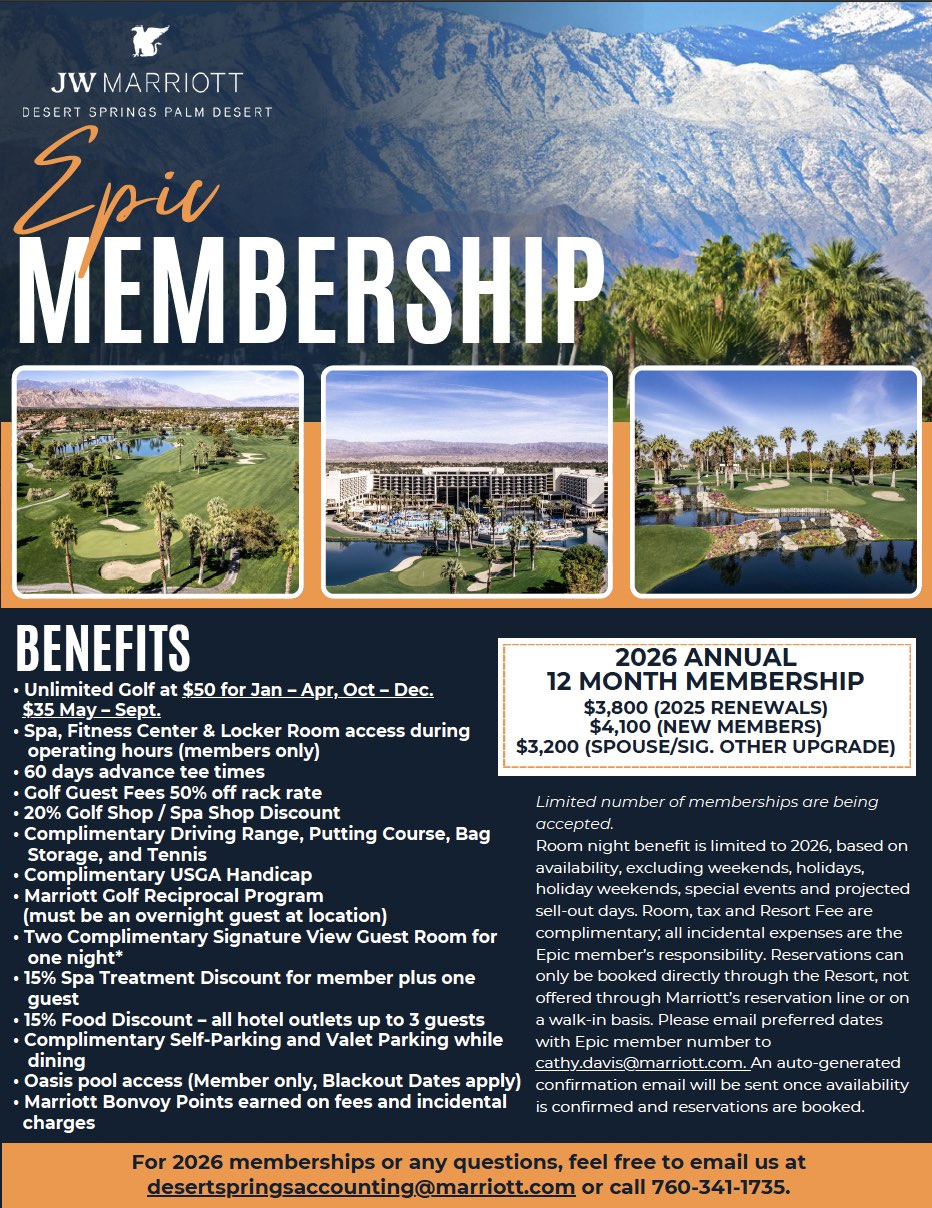 An image of the flyer for 2026 Annual Golf Membership at JW Marriott Desert Springs Resort & Spa
