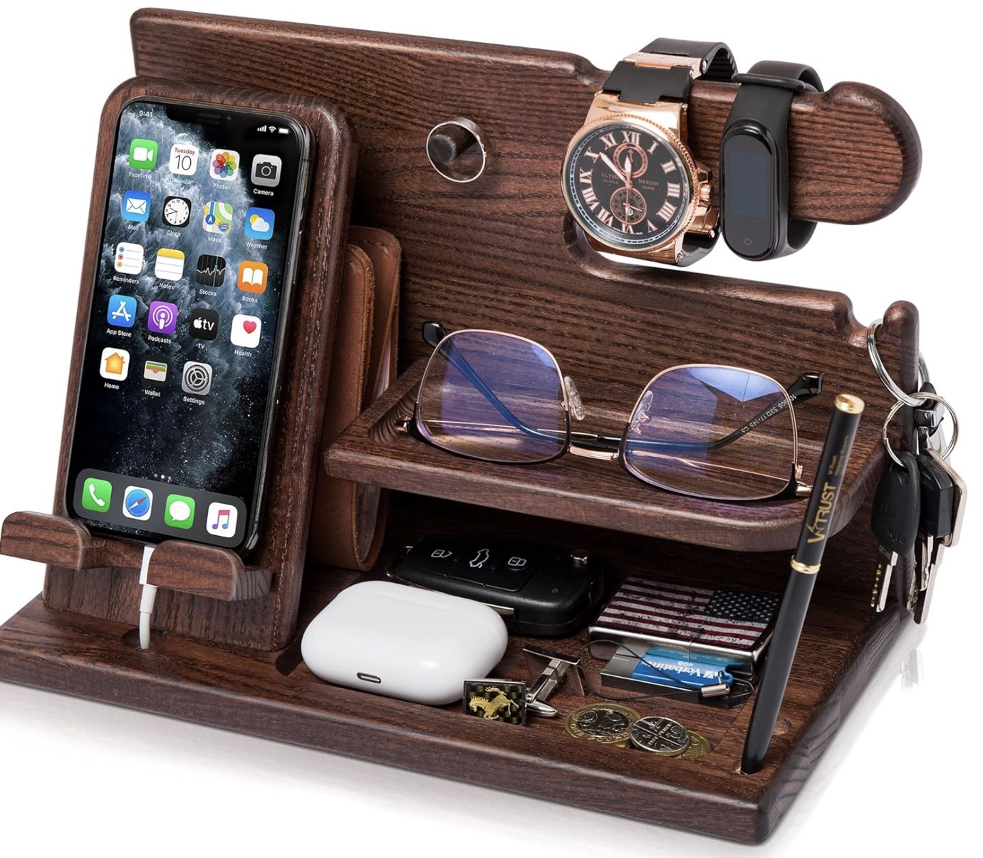 An image of a multifunctional wooden charging station