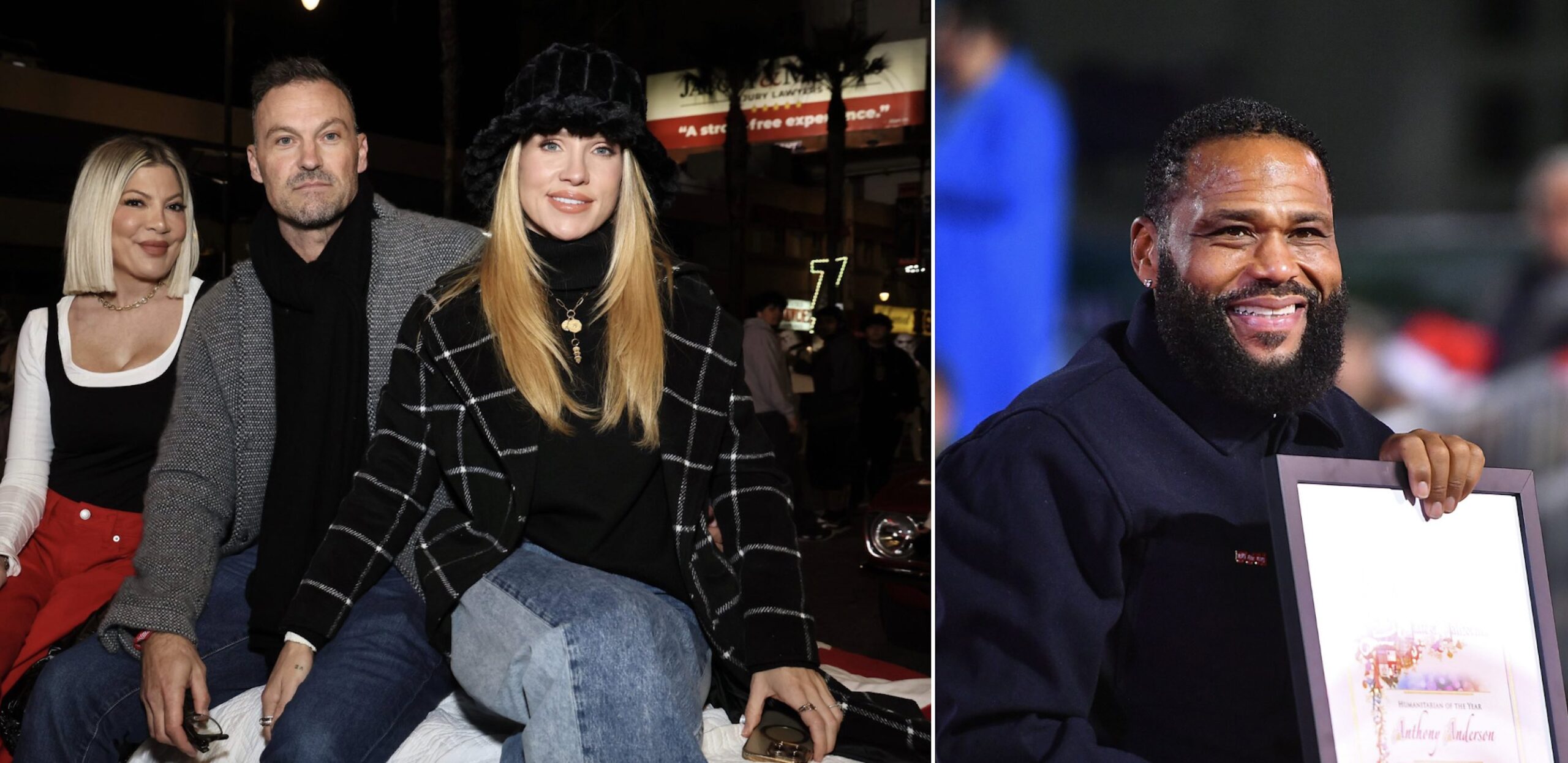 An image of two images: Beverly Hills 90210 alums Brian Austin Green and Tori Spelling and Humanitarian of the year honoree Anthony Anderson.