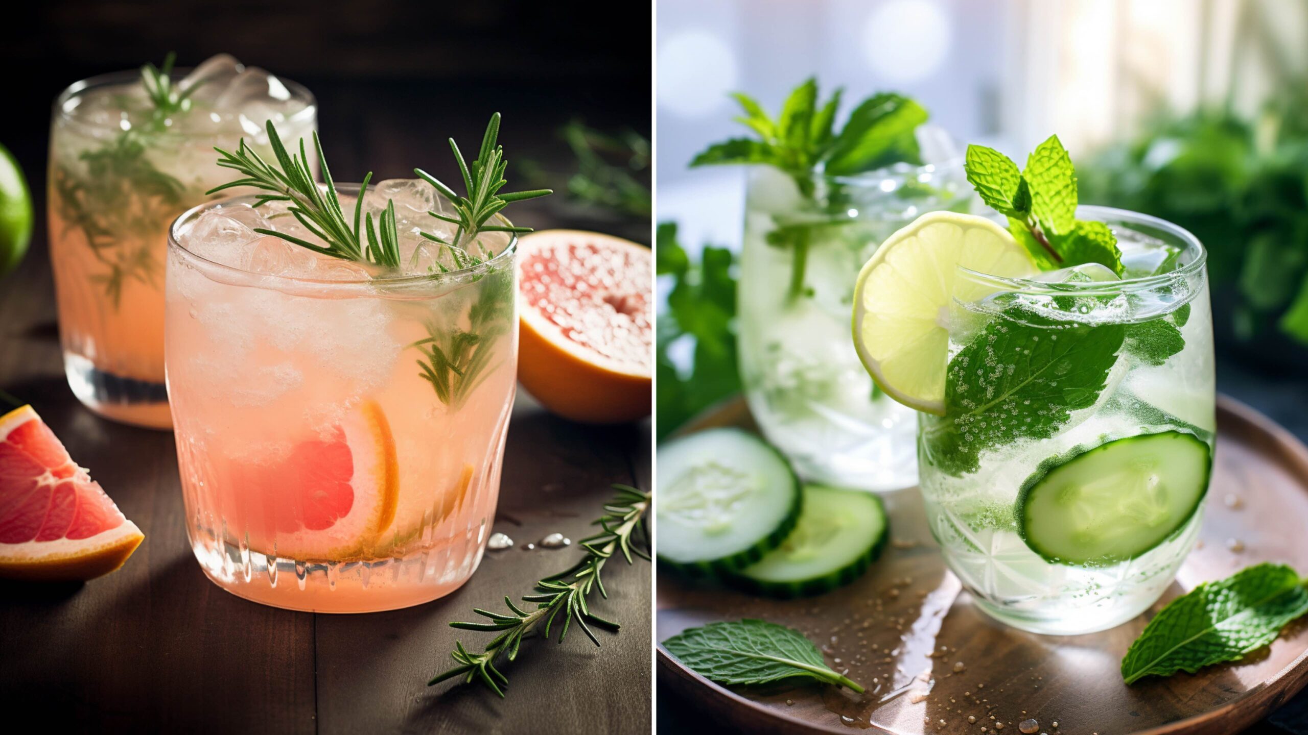 An image of two mocktails: the Rosemary Grapefruit Refresher and the Cucumber Mint Cooler.