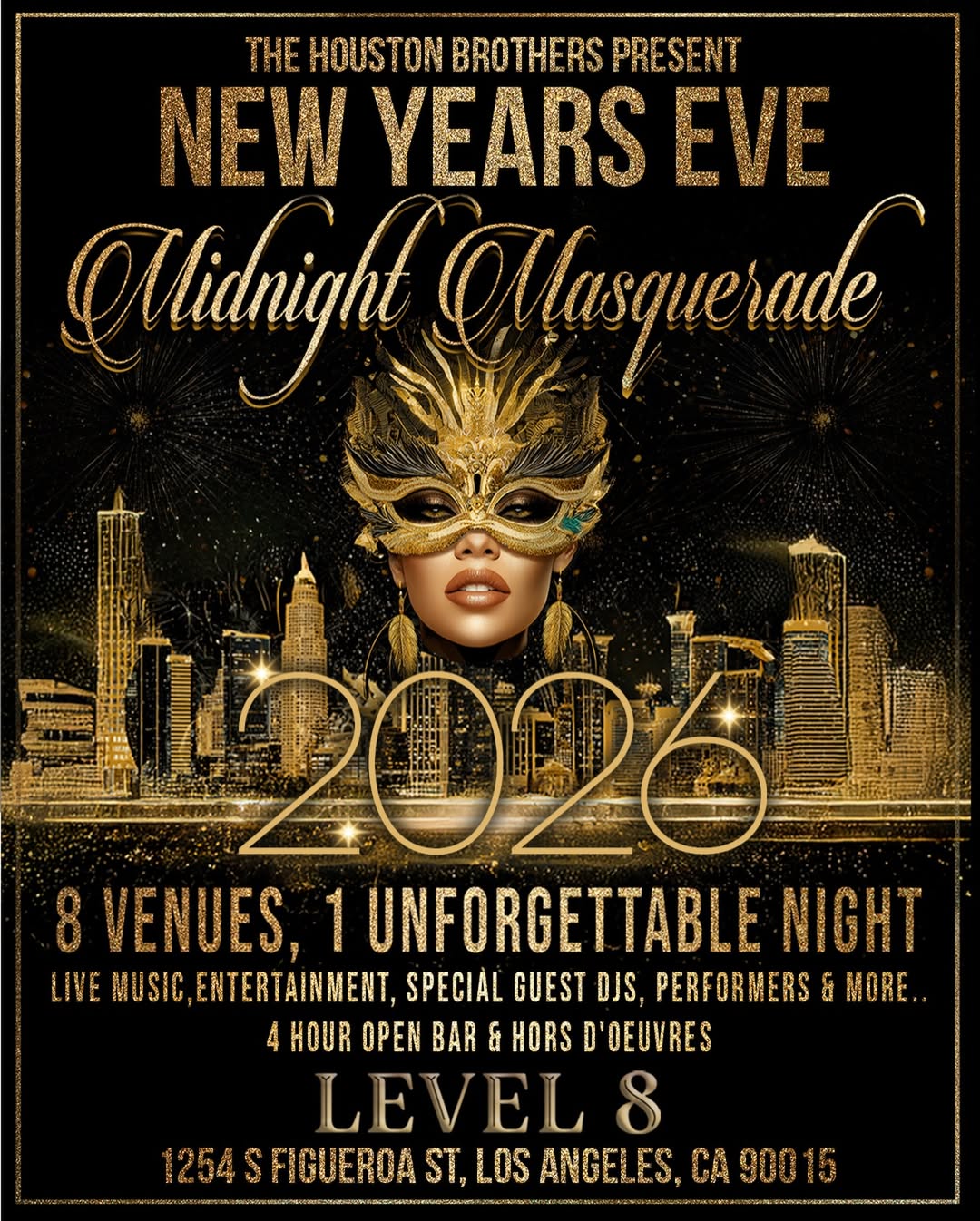 An image of the flyer for the New Year’s Eve at the 3rd Annual Midnight Masquerade at Level 8.