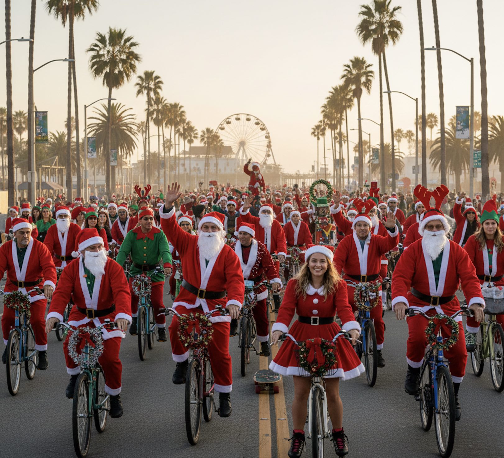 An image of people dressed as Santa riding bikes.