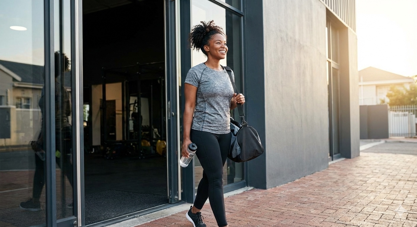 An image of an attractive black woman leaving a gym.