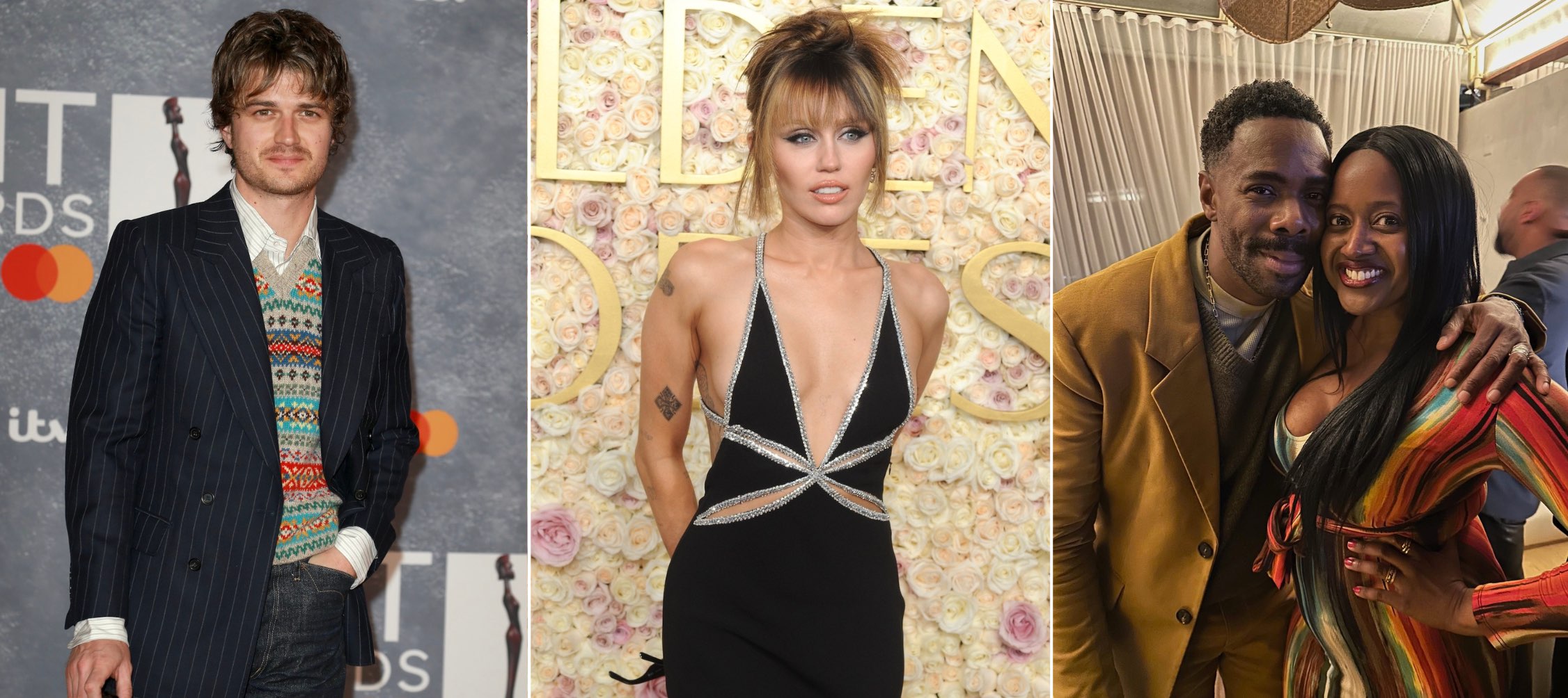 An image of three images: Joe Keery, Miley Cyrus, and lifestyle blogger Ariel with Colman Domingo