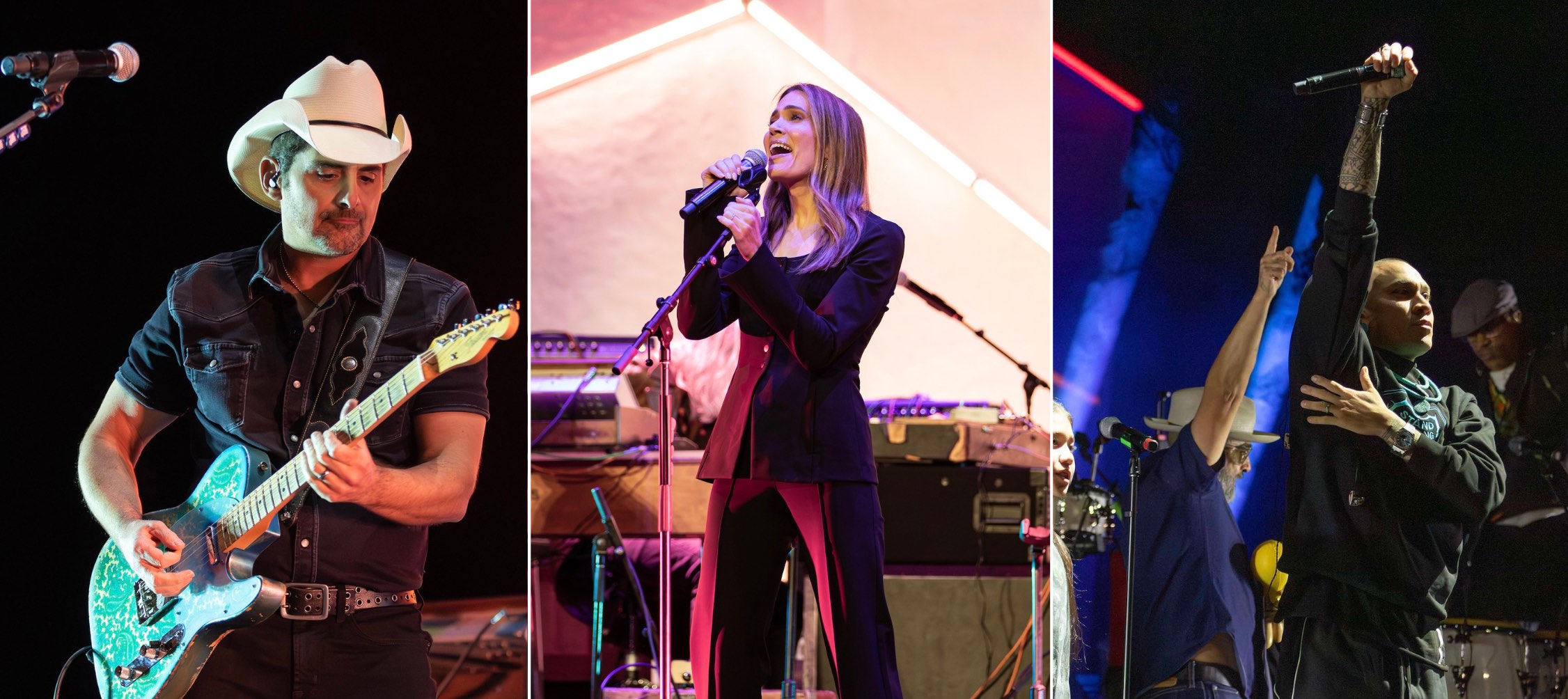 An image of three images: Brad Paisley, Mandy Moore, and Taboo (Black Eyed Peas)