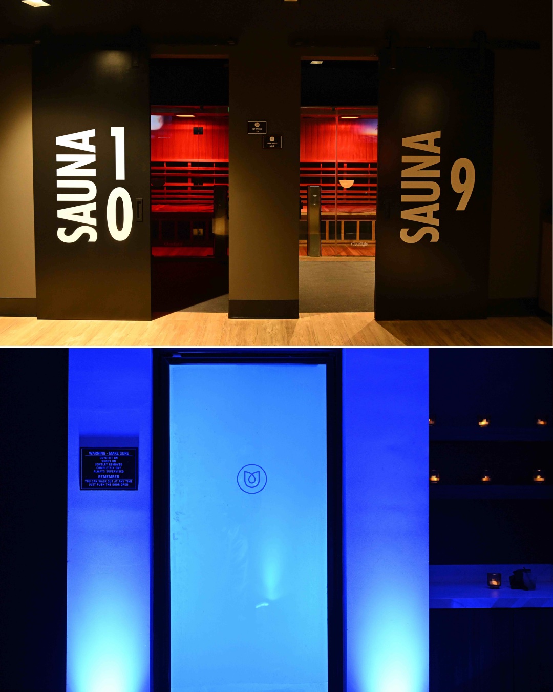 An image with two images: two saunas and a cryotherapy chamber.