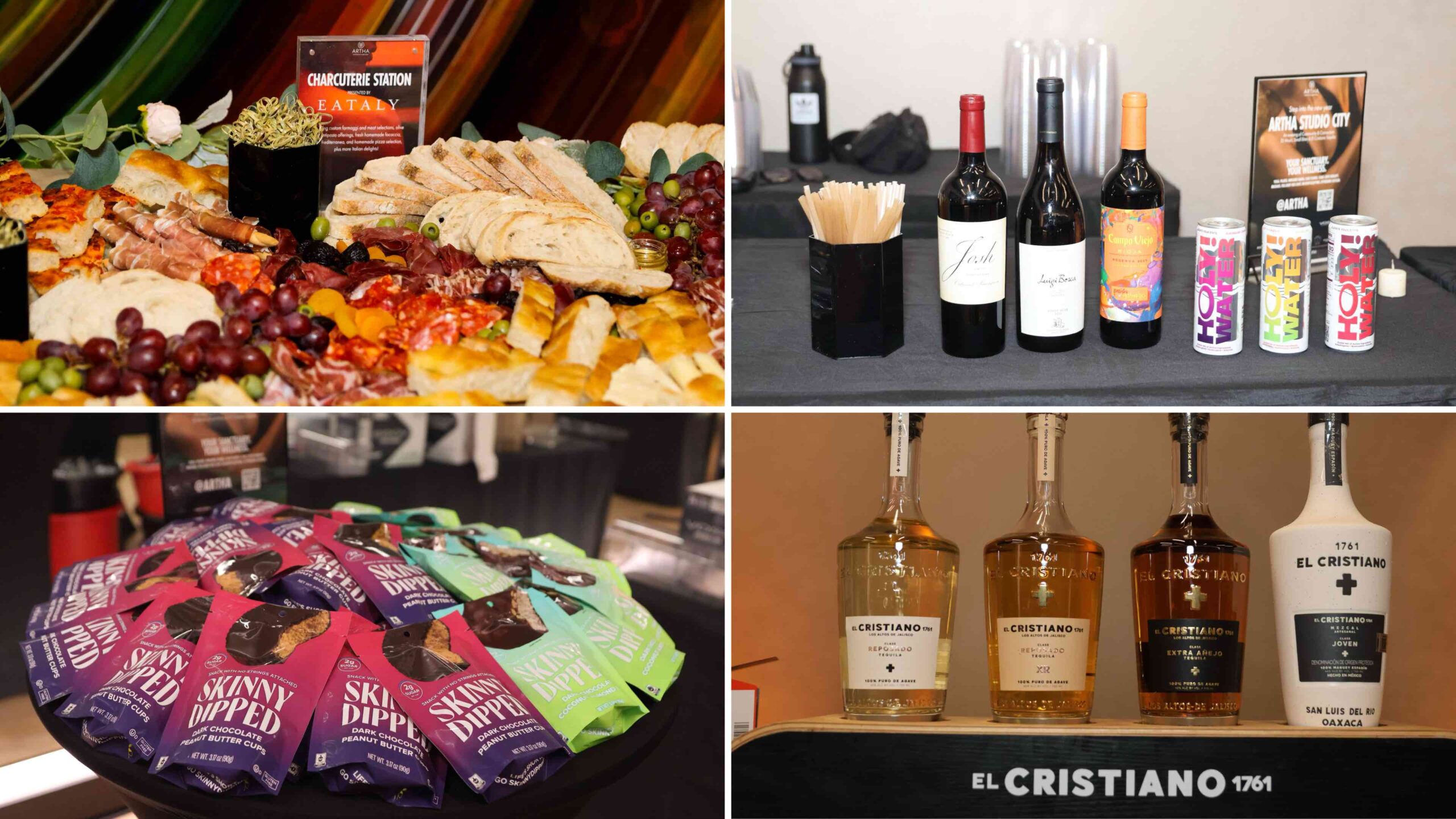 An image of a photo collage of 4 images: a lavish Italian spread from Eataly, a selection of wines, wellness samplings included HOLY!Water’s functional mushroom, mood-boosting metabolic health beverage in four delicious flavors, SkinnyDipped GMO-free snacks, an El Cristiano Tequila tasting bar,
