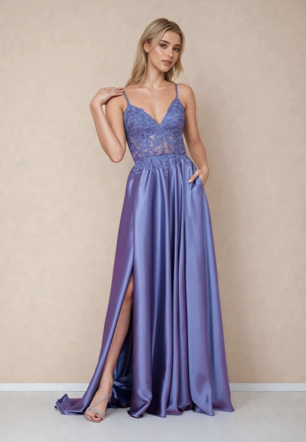 An image of a model in a lavendar prom dress.