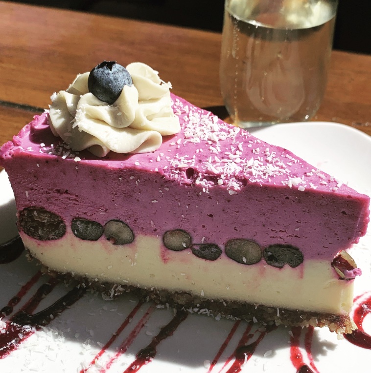 An image of the vegan blueberry cheesecake from SunCafe.
