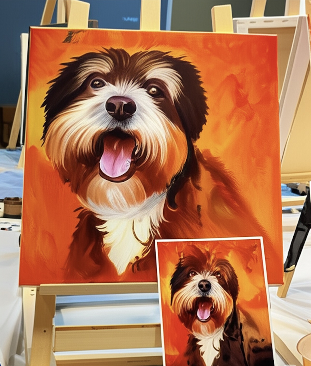 An image of a painting of a photo of a puppy.