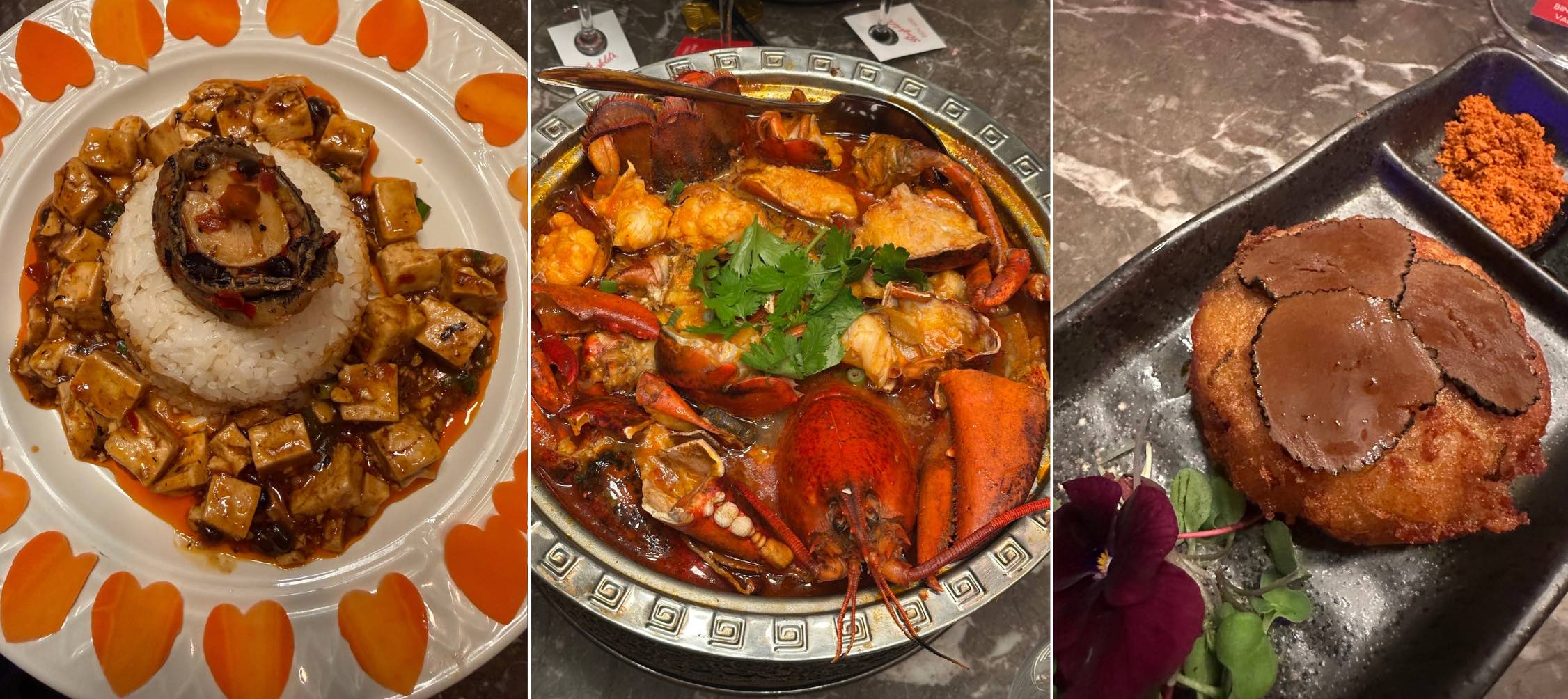 An image of 3 items from Hengry: (l-r) Braised Abalone & Mapo Tofu Over Rice, Miao Sour Soup Lobster, and Potato Pancake.