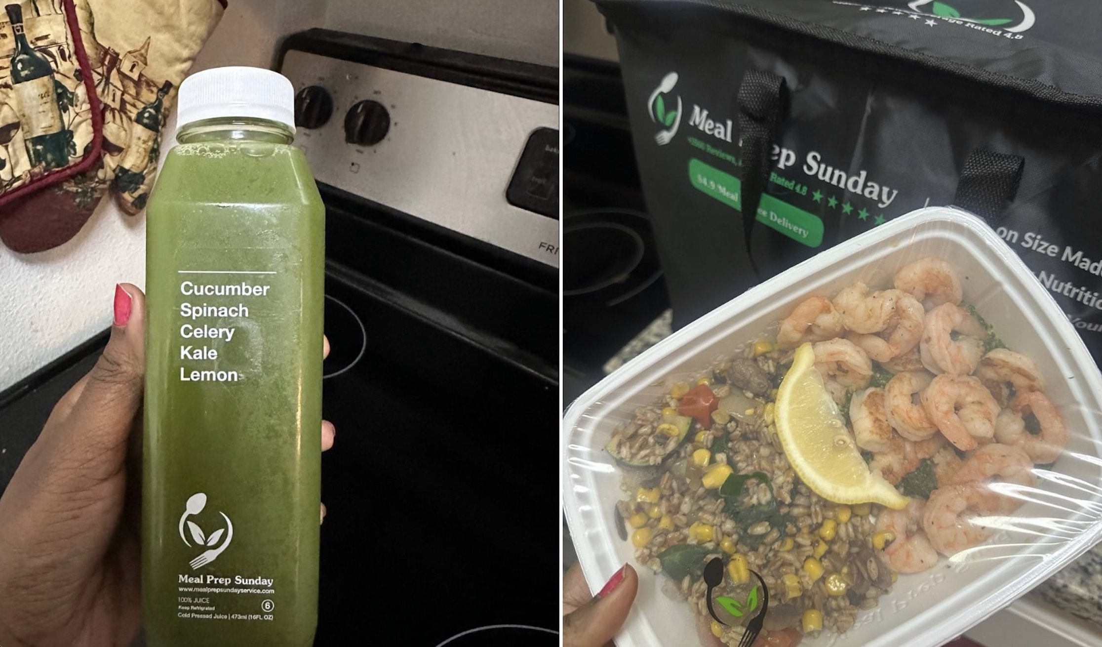 An image of a Meal Prep Sunday cold-pressed vegetable and fruit juices and meal.