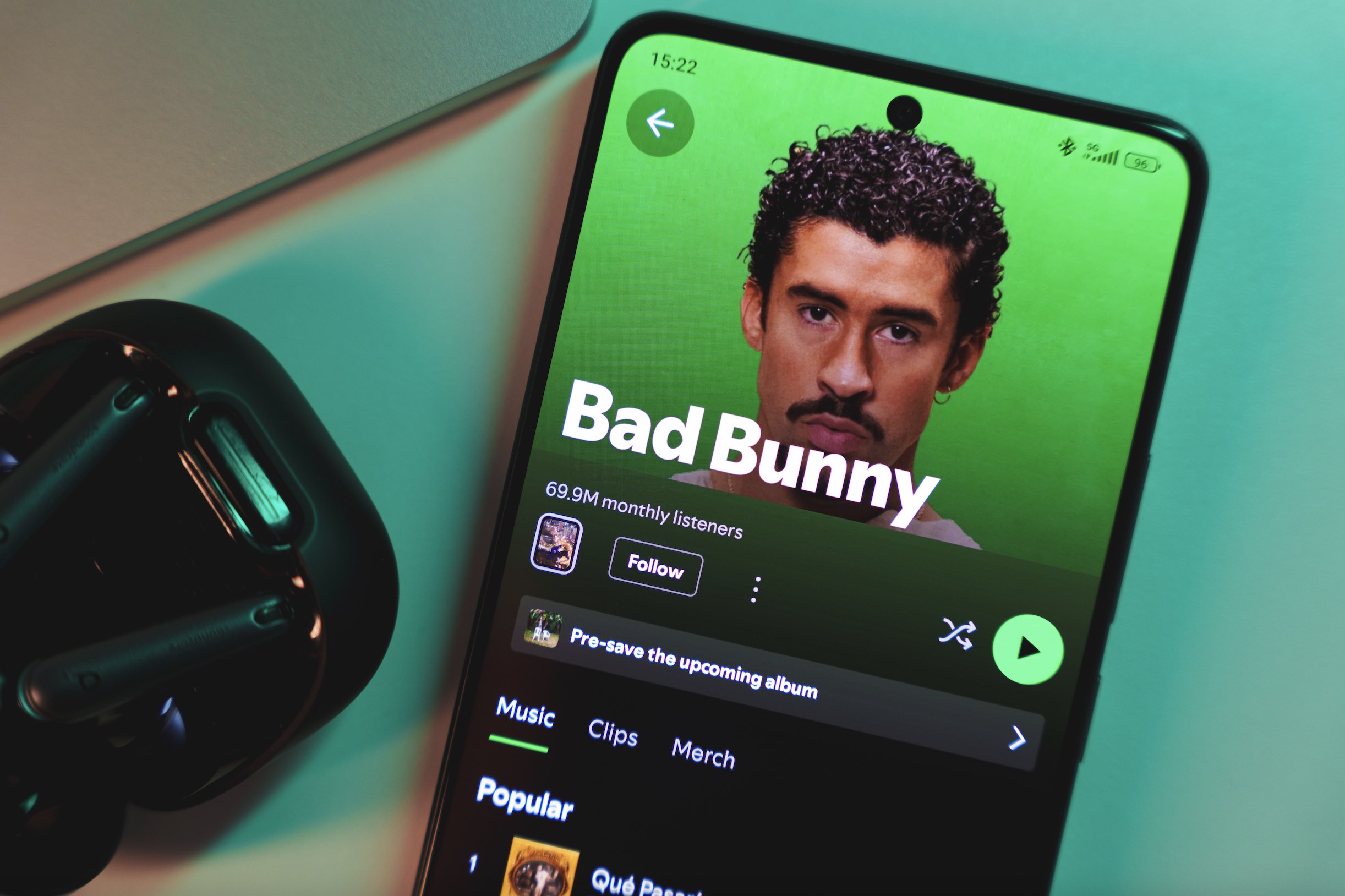 An image of a phone with Bad Bunny.