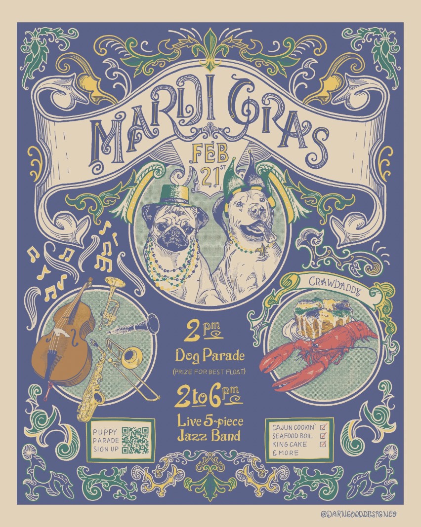 An image of the flyer for the Mardi Gras Celebration at Benny Boy Brewing.