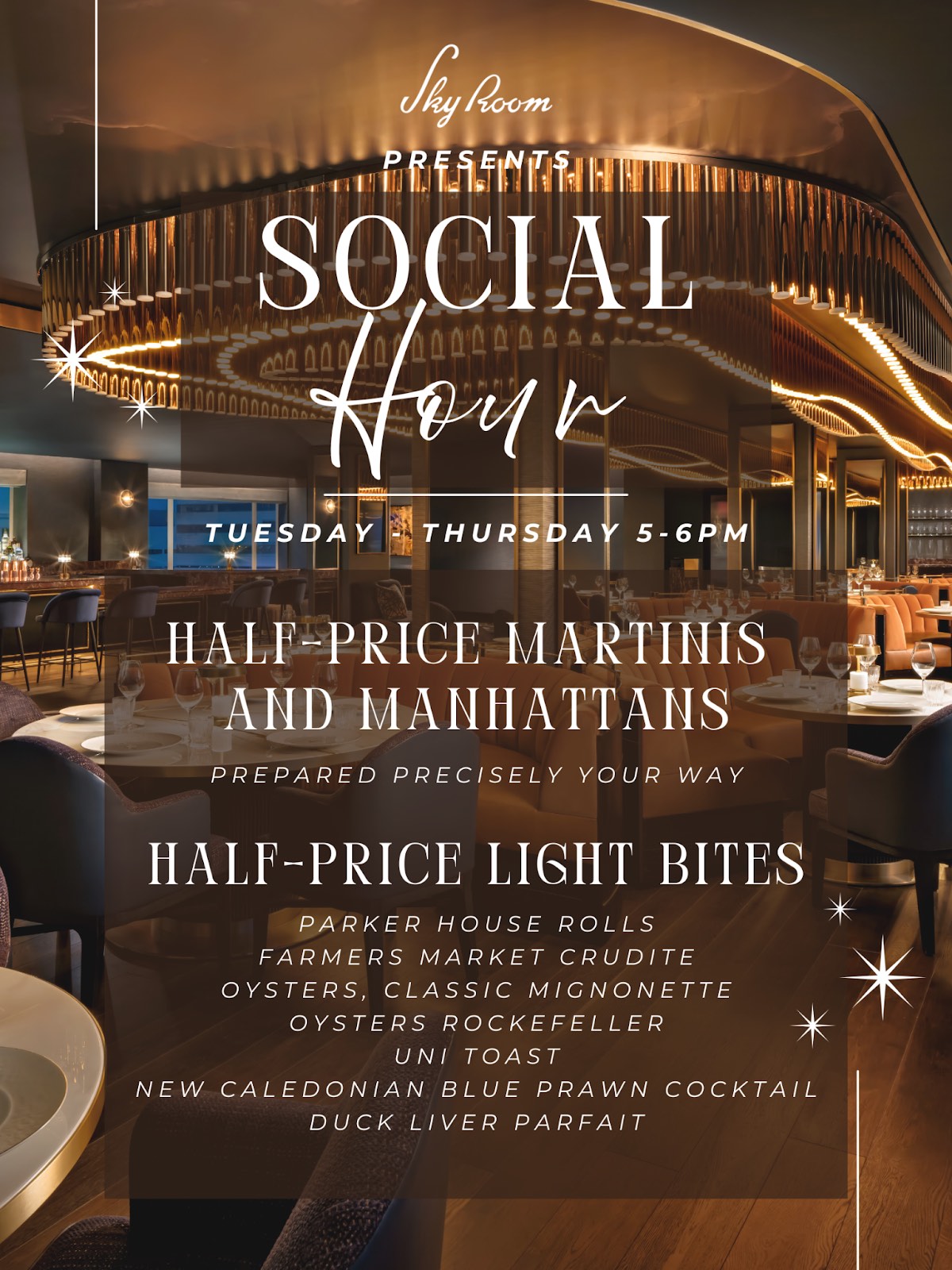An image of the flyer for Sky Room's Social Hour.