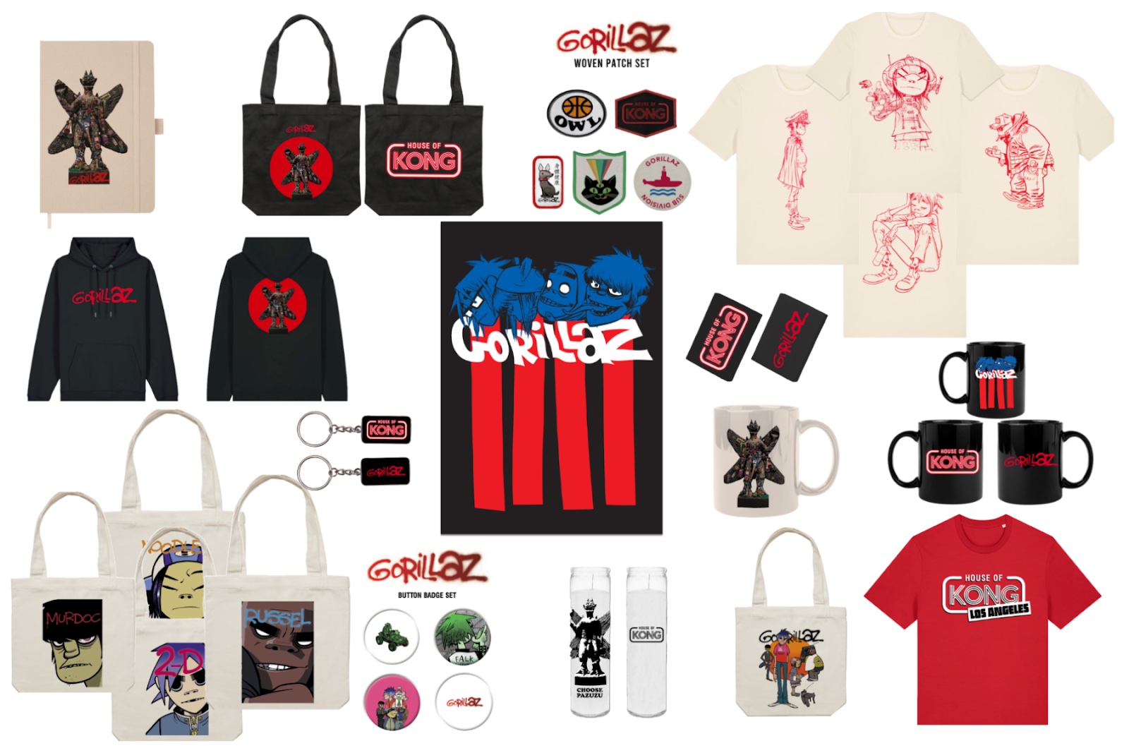 An image of the merch from the Gorillaz House of Kong Merch Pop-Up. 