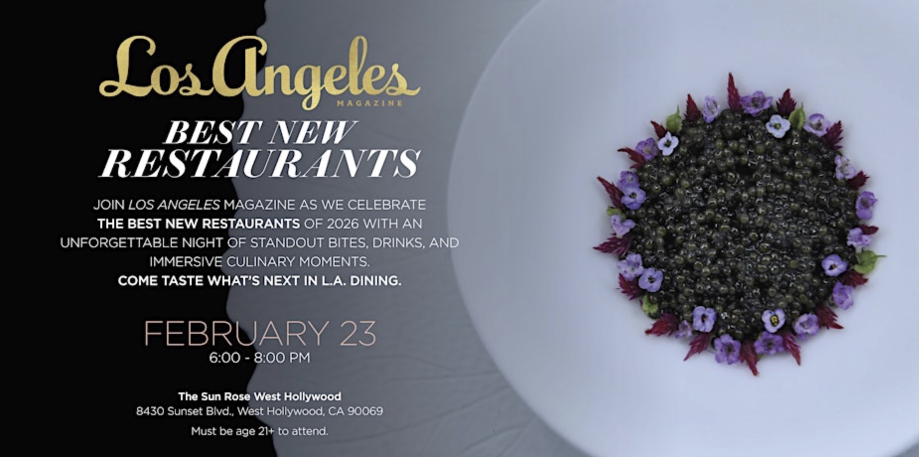 An image of the flyer for Los Angeles Magazine Presents: Best New Restaurants Celebration.