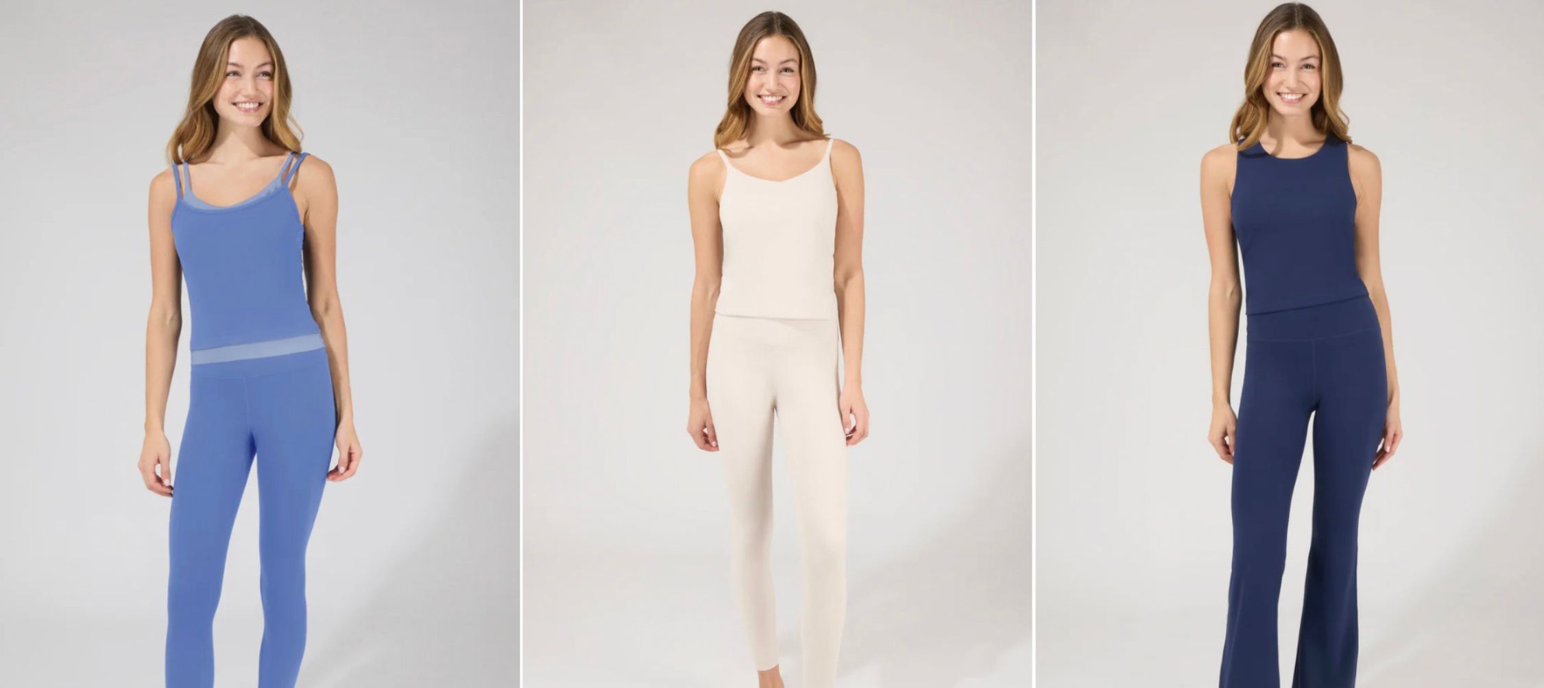 A collage of three images of (L-R) Styles like the Butter Tech Hudson Set, Butter Tech Veloria Set, and Butter Tech Paloma Set, transition seamlessly from workouts to everyday wear.