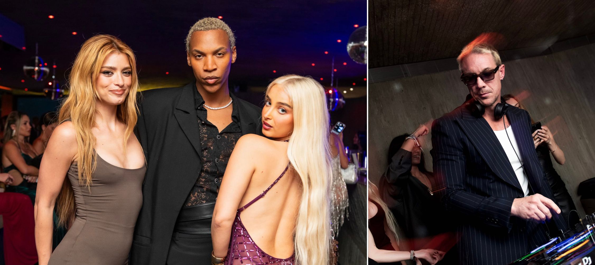 A collage of two images of (L-R) Dixie D'Amelio, Dominic West, Emma Pill, and Diplo attend Darren Dzienciol's annual Oscars Eve party, presented by SEJARO.