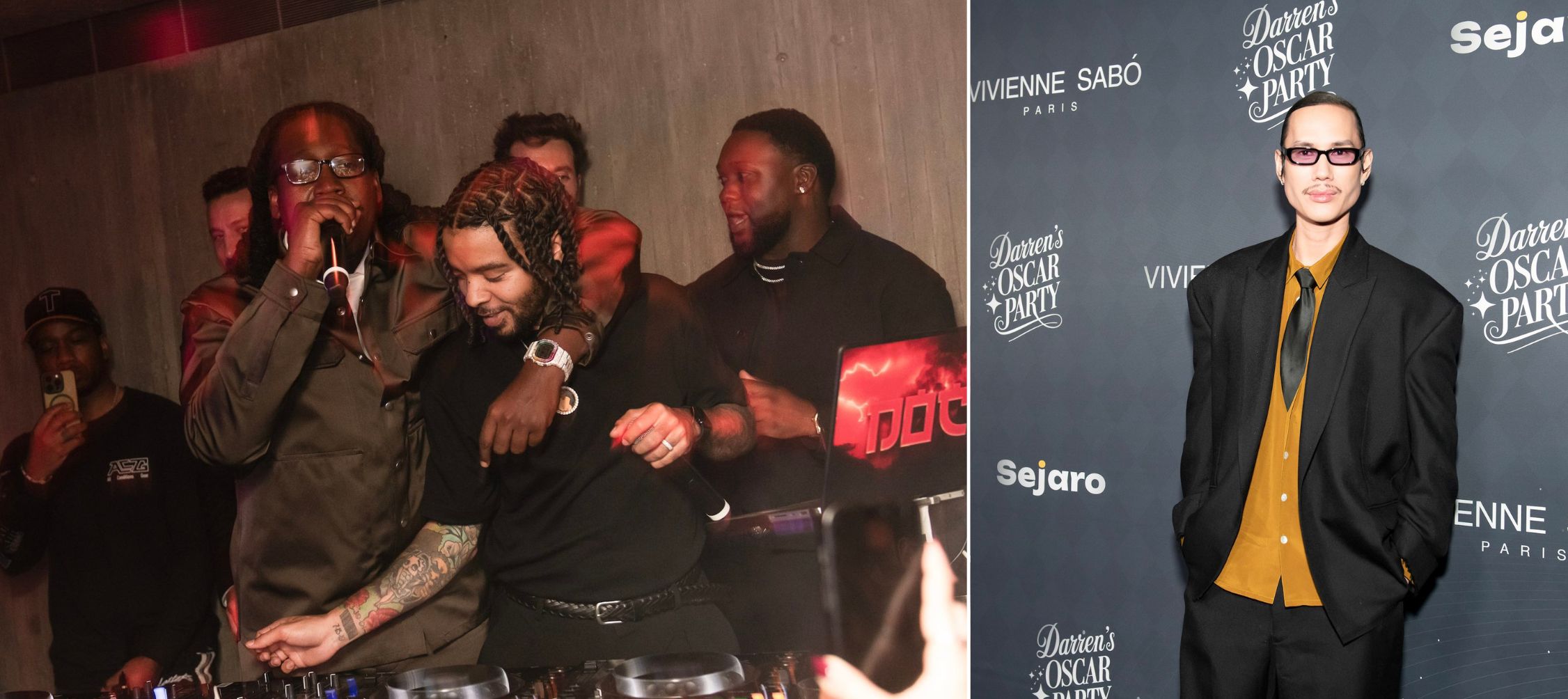 A collage of two images of (L-R) Don Toliver and Patrick Ta attend Darren Dzienciol's annual Oscars Eve party, presented by SEJARO.