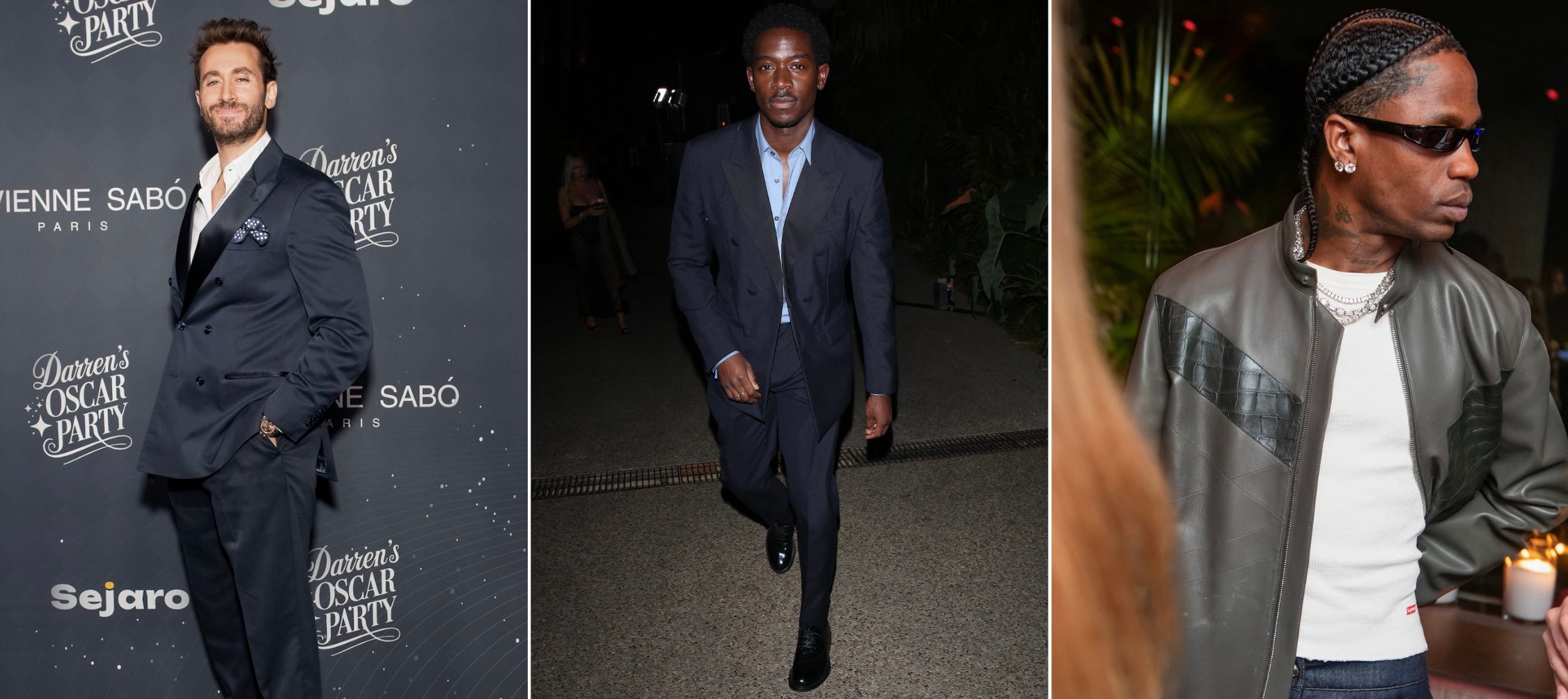 A collage of three images: Darren Dzienciol, Damson Idris, and Travis Scott attend Darren Dzienciol's annual Oscars Eve party.