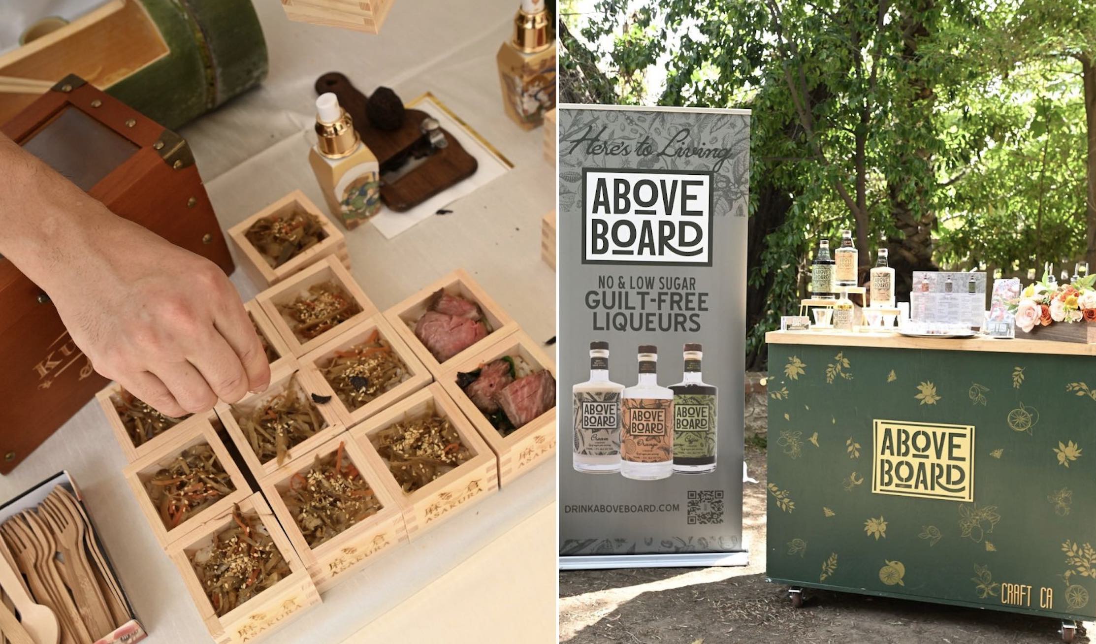 A collage of two images of Japanese cuisine by Asakura along with cocktails from Above Board Liqueurs.