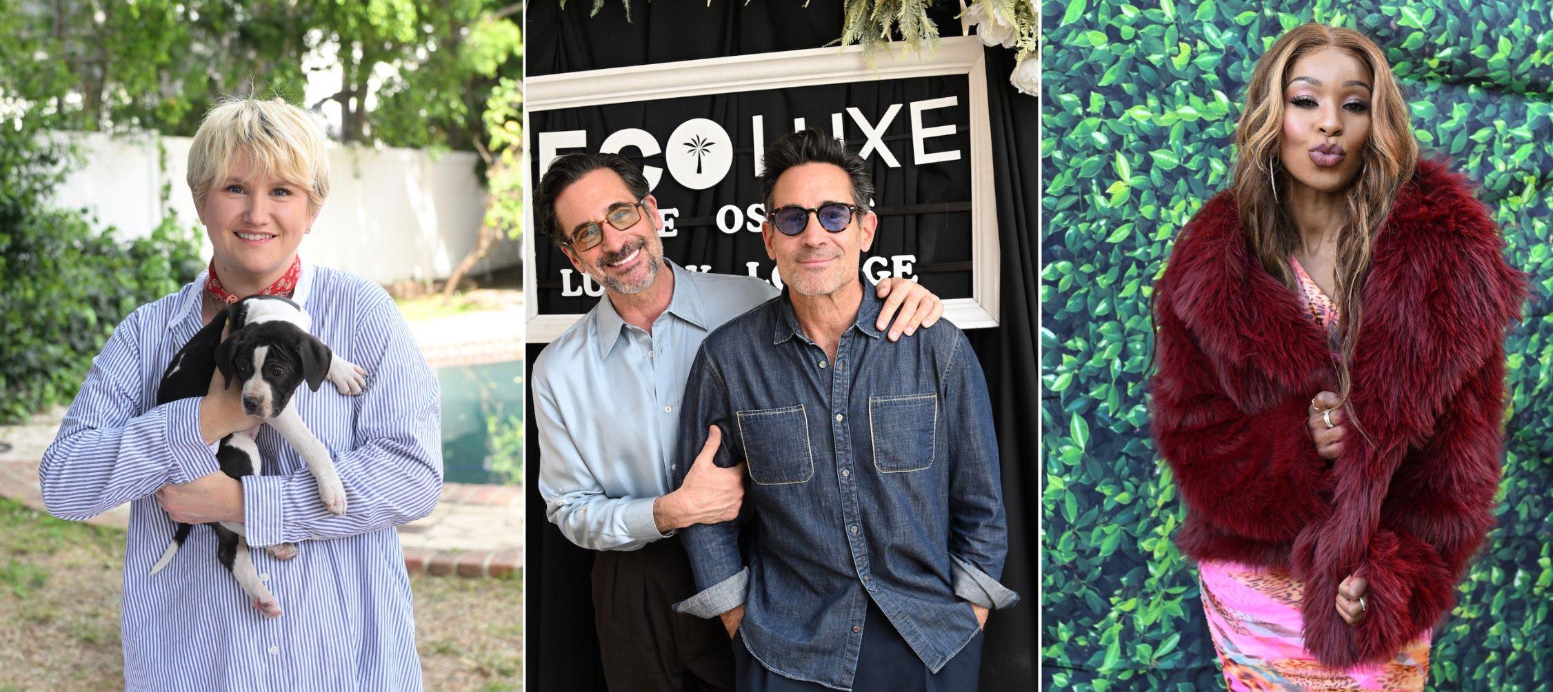 A collage of three images of Jillian Bell, Lawrence Zarian and Gregory Zarian, and Porscha Coleman at The 19th Annual ECOLUXE Pre-Oscars Luxury Lounge