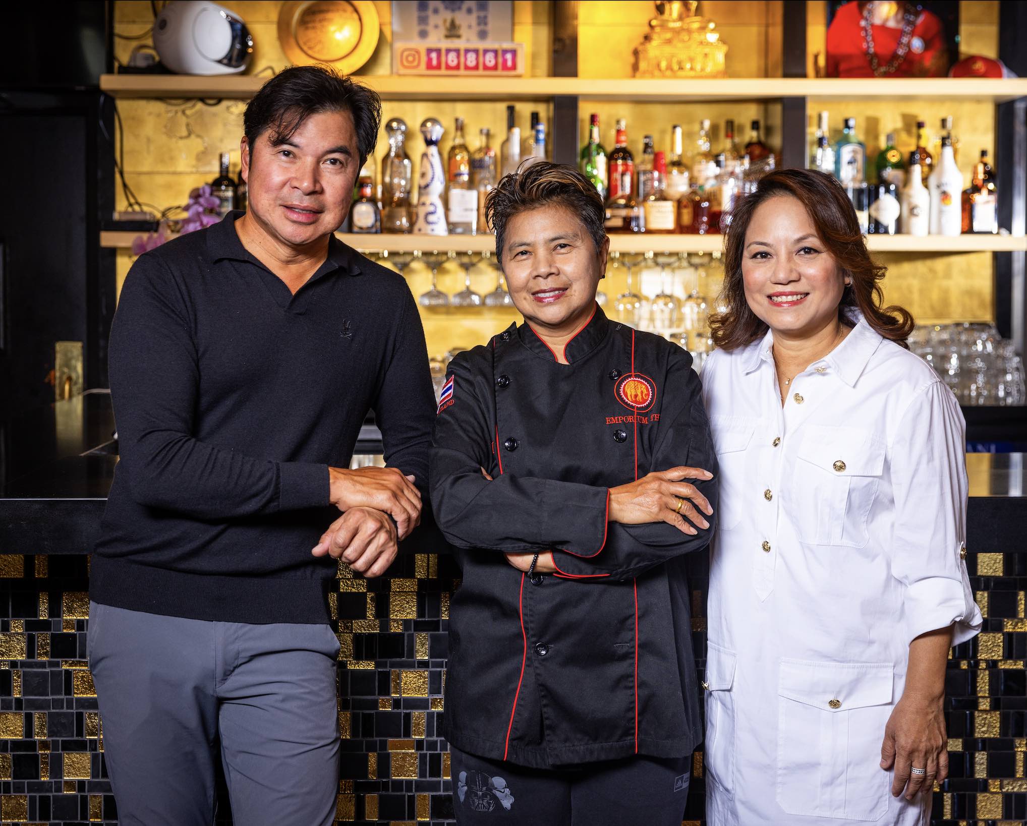 An image of (L-R) Emporium Thai Founder & CEO, John Sungkamee, Executive Chef Gina Sungkamee, and Co-Founder, CFO Jane Sungkamee. 