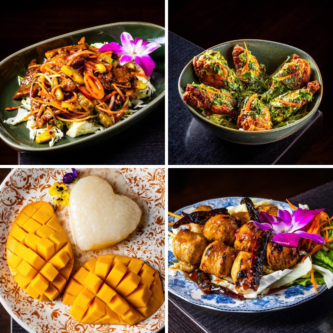  A collage of 4 images of (Clockwise L-R) Original Thai Boat Noodles, Phuket Wings, Cardi B Mango Sticky Rice, and BLACKPINK’s Lisa Meatballs.