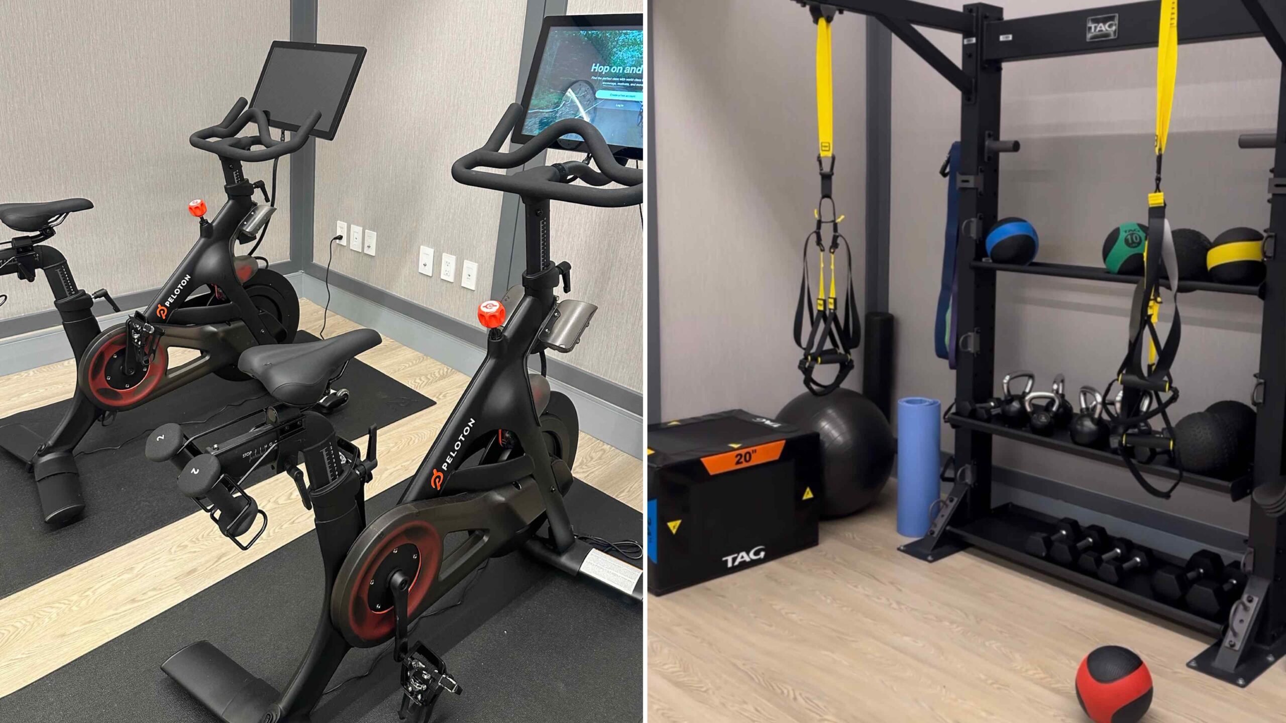 An image of two images of the 24-hour fitness center at the Hilton Arcadia.