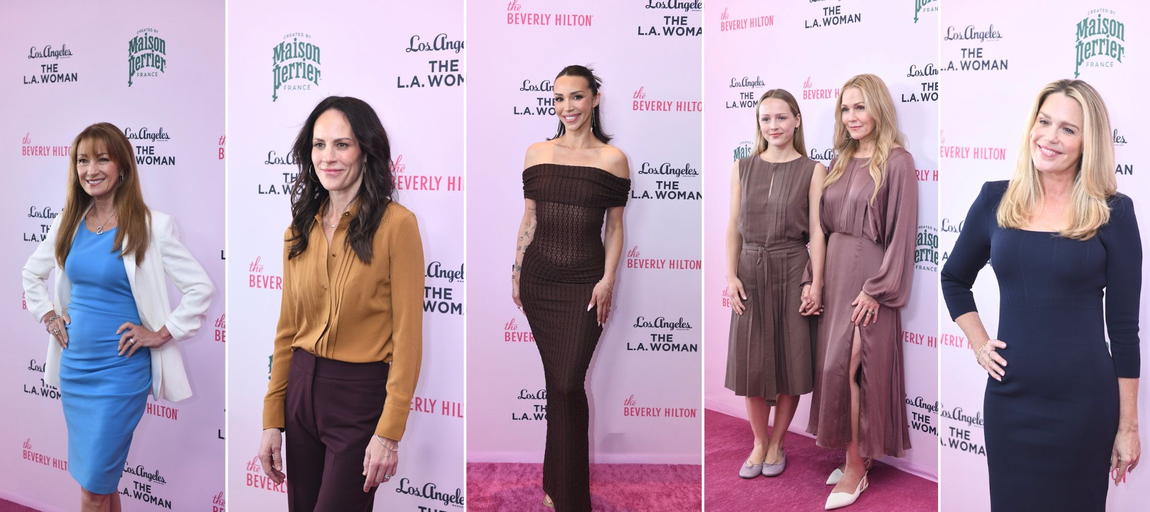 A collage of 5 images: Attendees at this year’s Women of Impact luncheon included notable VIPs such as (L-R) Jane Seymour, Annabeth Gish, Scheana Shay, Jennie Garth, and Jessica St. Clair. 