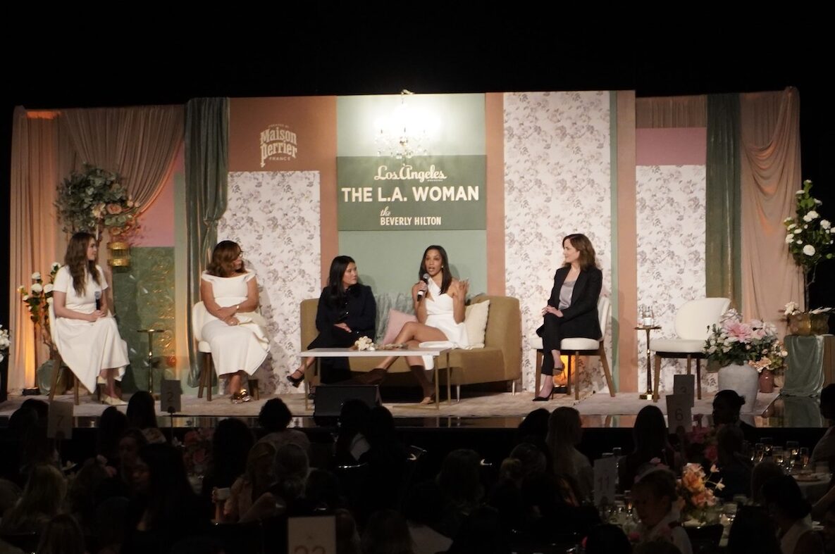 An image of (L-R) Emmy -winning TV personality Carly Steele moderates a panel featuring Ruth E. Carter, Corinne Verdery, Corinne Foxx,  and Genie Harrison. 