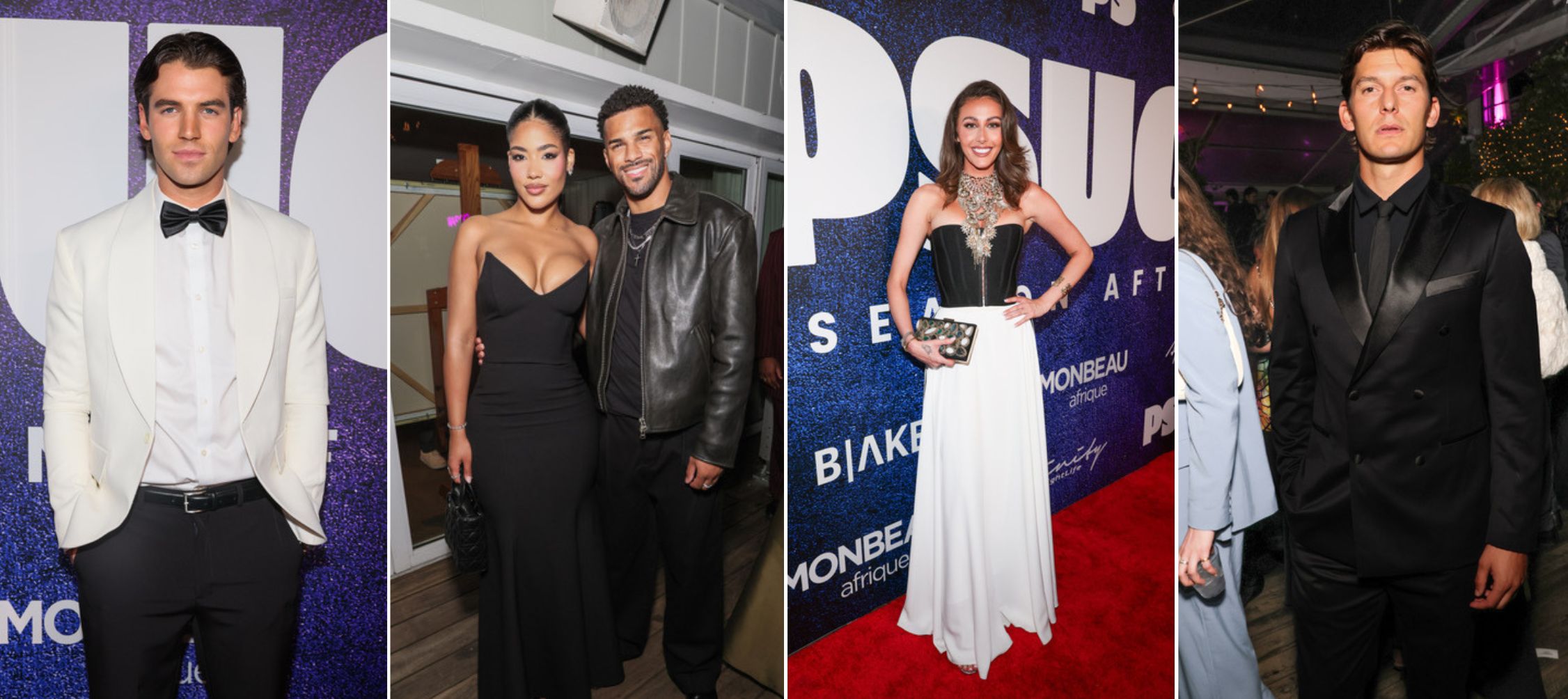 A collage of 4 images of: (L-R): Hulu’s ‘Love Story' breakout star, Noah Fearnley, 'Love Island’s USA Season 7 star couple, Jeremiah Brown and Andreina Santos, Celebrity Host of Netflix ‘Sneaky Links’, Chloe Veitch, and ‘Bachelorette' & ‘BIP' alumni, Tanner Courtad, attend the Pop Sugar x Affinity Nightlife's Awards After Party at Skybar on March 15, 2026 in West Hollywood, California