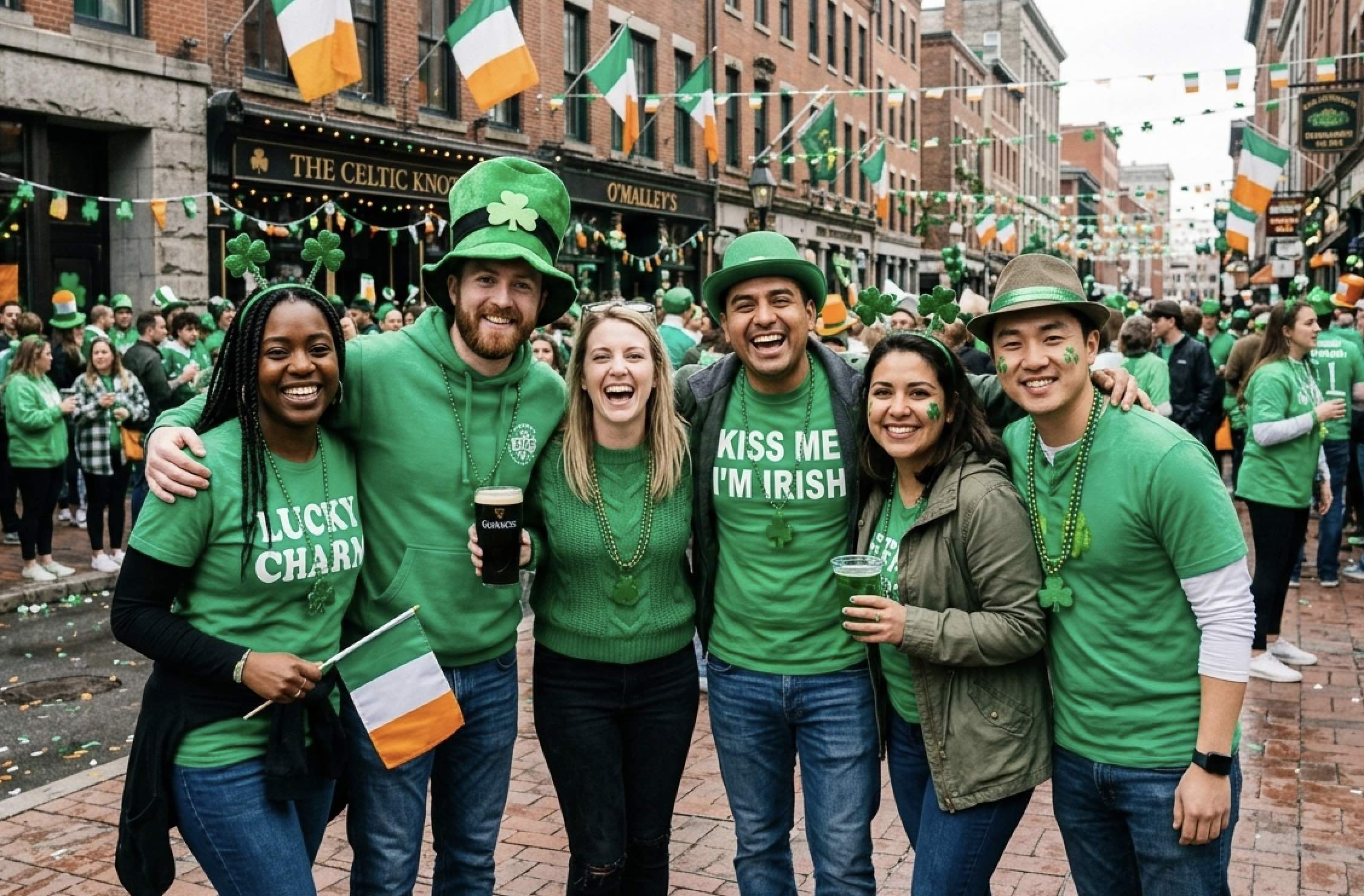 An image of people on the street during a St Paddy's Day celebration.