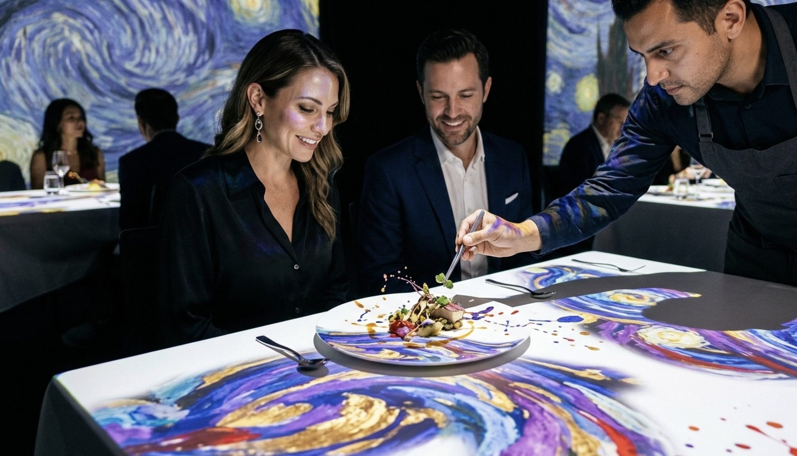 An image of a couple at an immersive art dining experience.