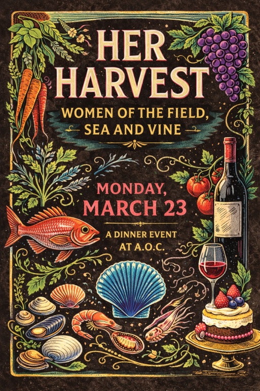 An image of the flyer for A.O.C. Presents 4-Course Her Harvest Dinner Celebrating Incredible Women in Food and Beverage