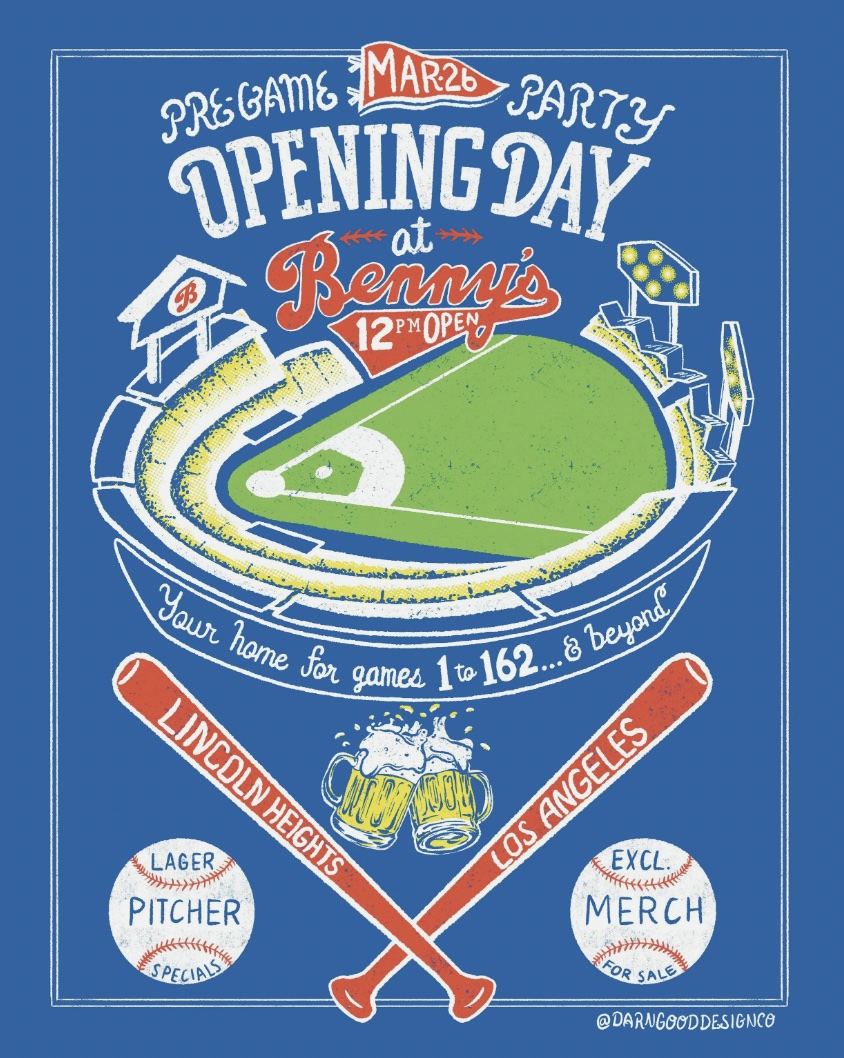 An image of the flyer for Dodgers Opening Day at Benny Boy Brewing