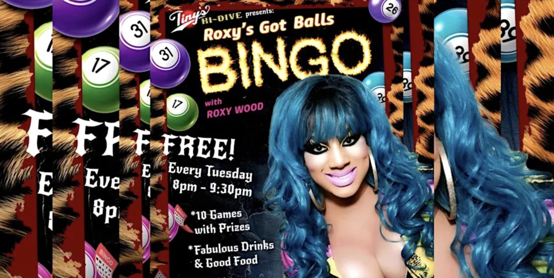 An image of the flyer for FREE Drag Bingo with Roxy Wood at Tiny's Hi-Dive.