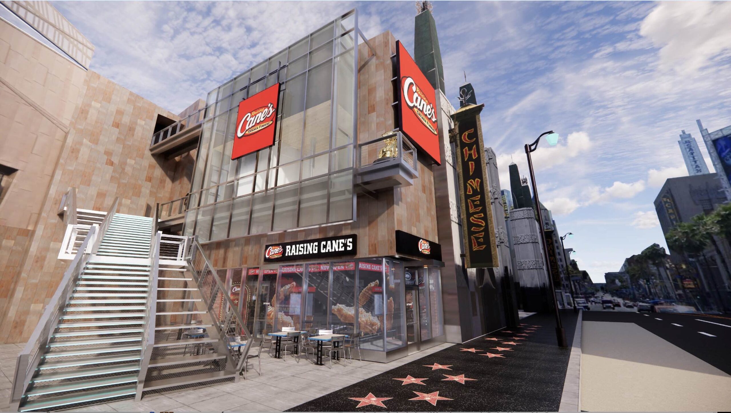 An image of the new Raising  Cane's at Hollywood and Highland.
