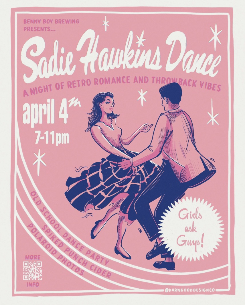 An image of the flyer for the Sadie Hawkins Dance at Benny Boy Brewing.