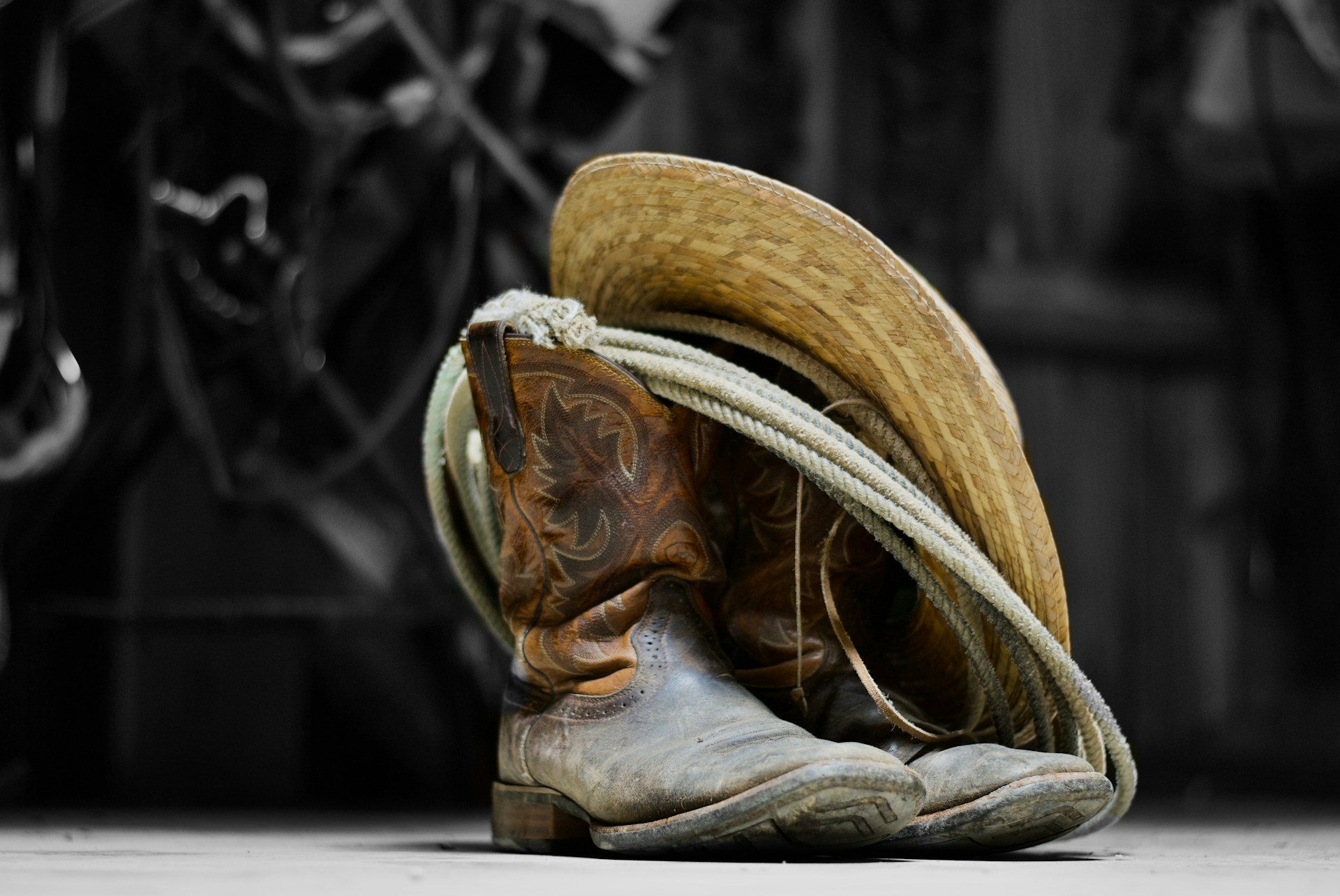 An image of cowboy boots with a cowboy hat and rope.