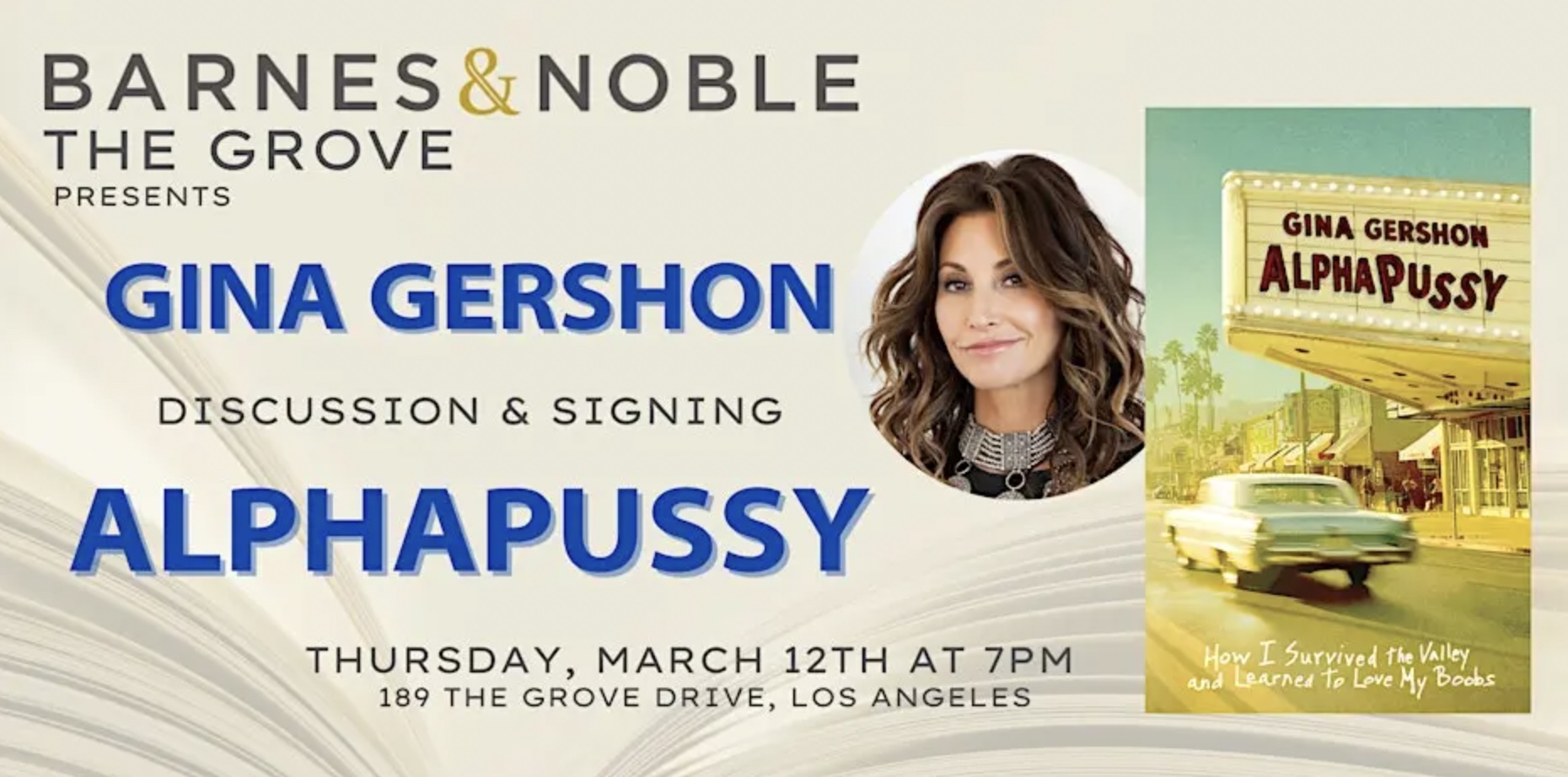 An image of the flyer for a meet and greet with Gina Gershon at Barnes & Noble at the Grove.