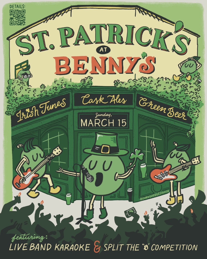 An image of the flyer for Benny Boy Brewing's St. Patty's Day party.