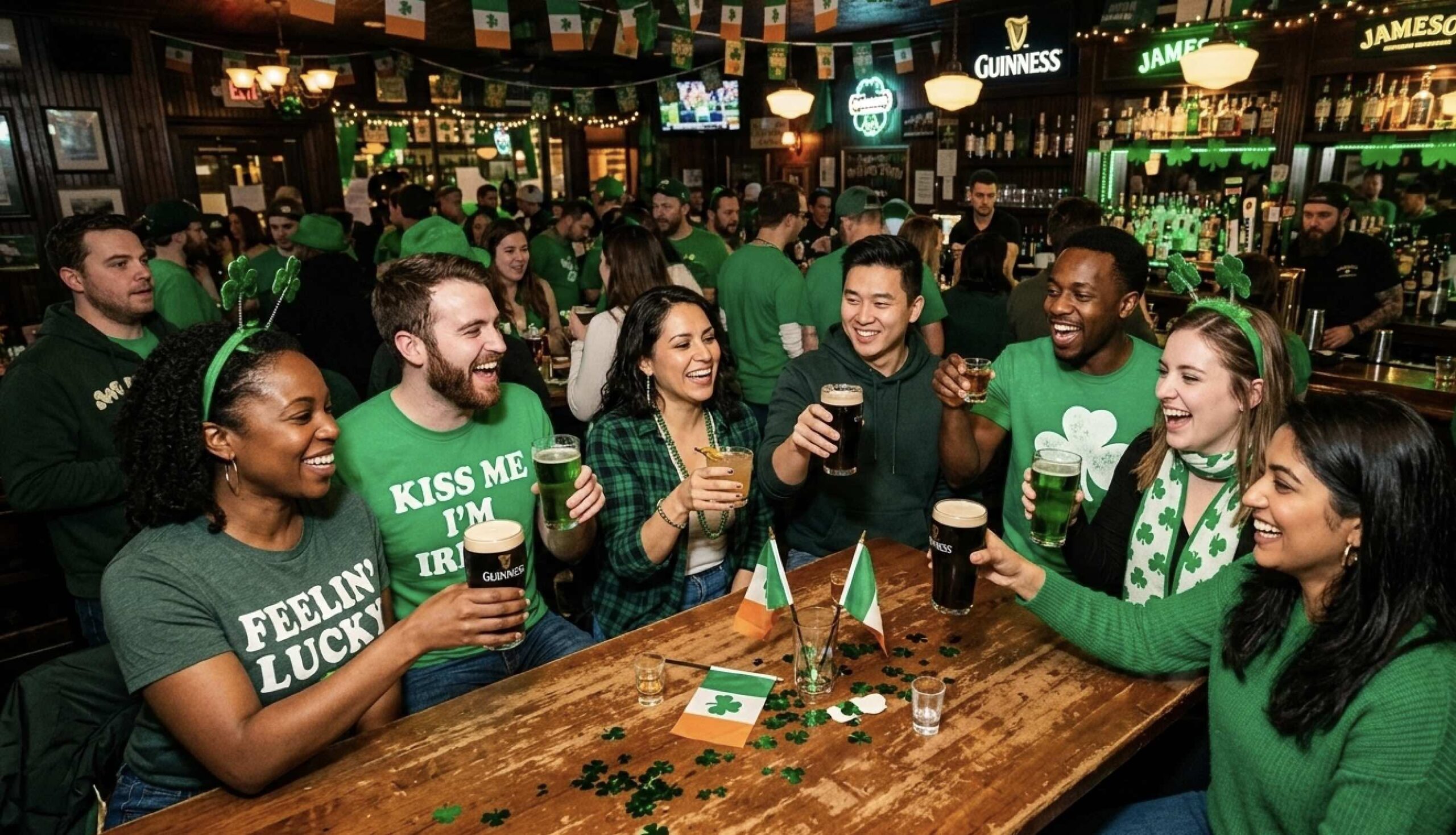 An image of people on a St Patrick's Day bar crawl.
