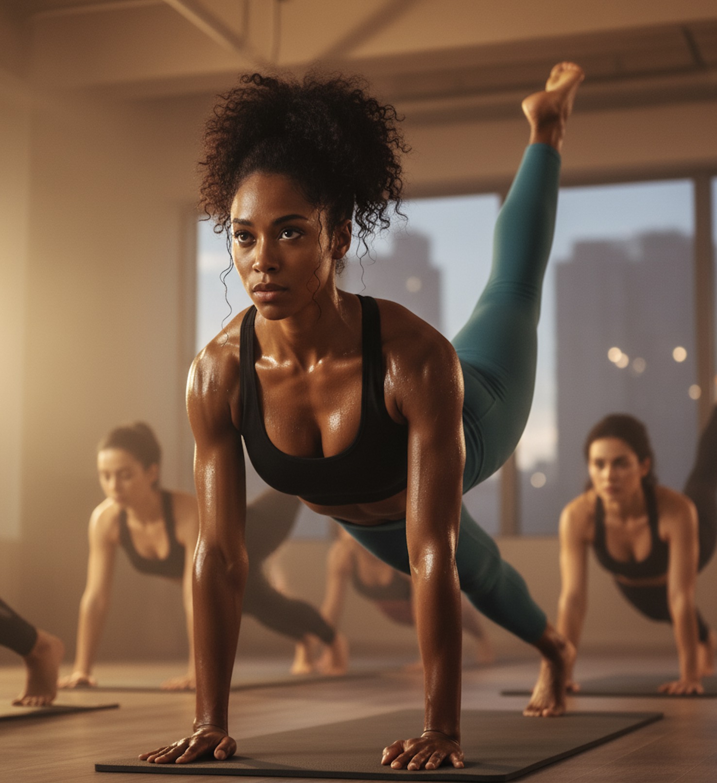 An image of an attractive black woman in a hot Pilates class.
