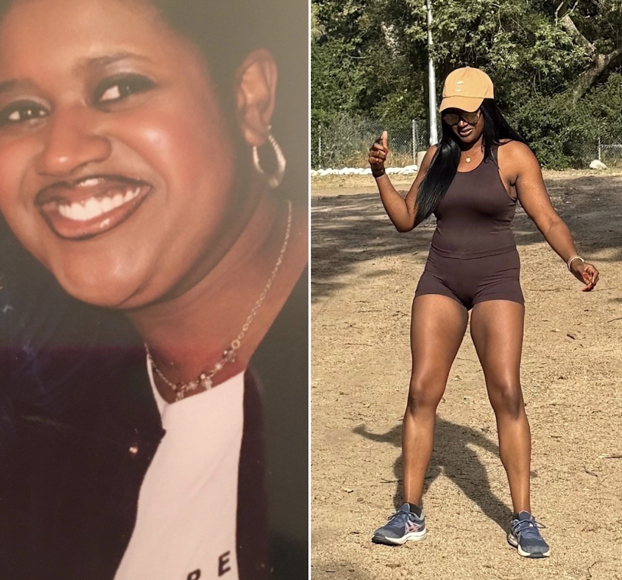 A collage of two images of lifestyle blogger Ariel Johns before and after a 75lb weight loss.