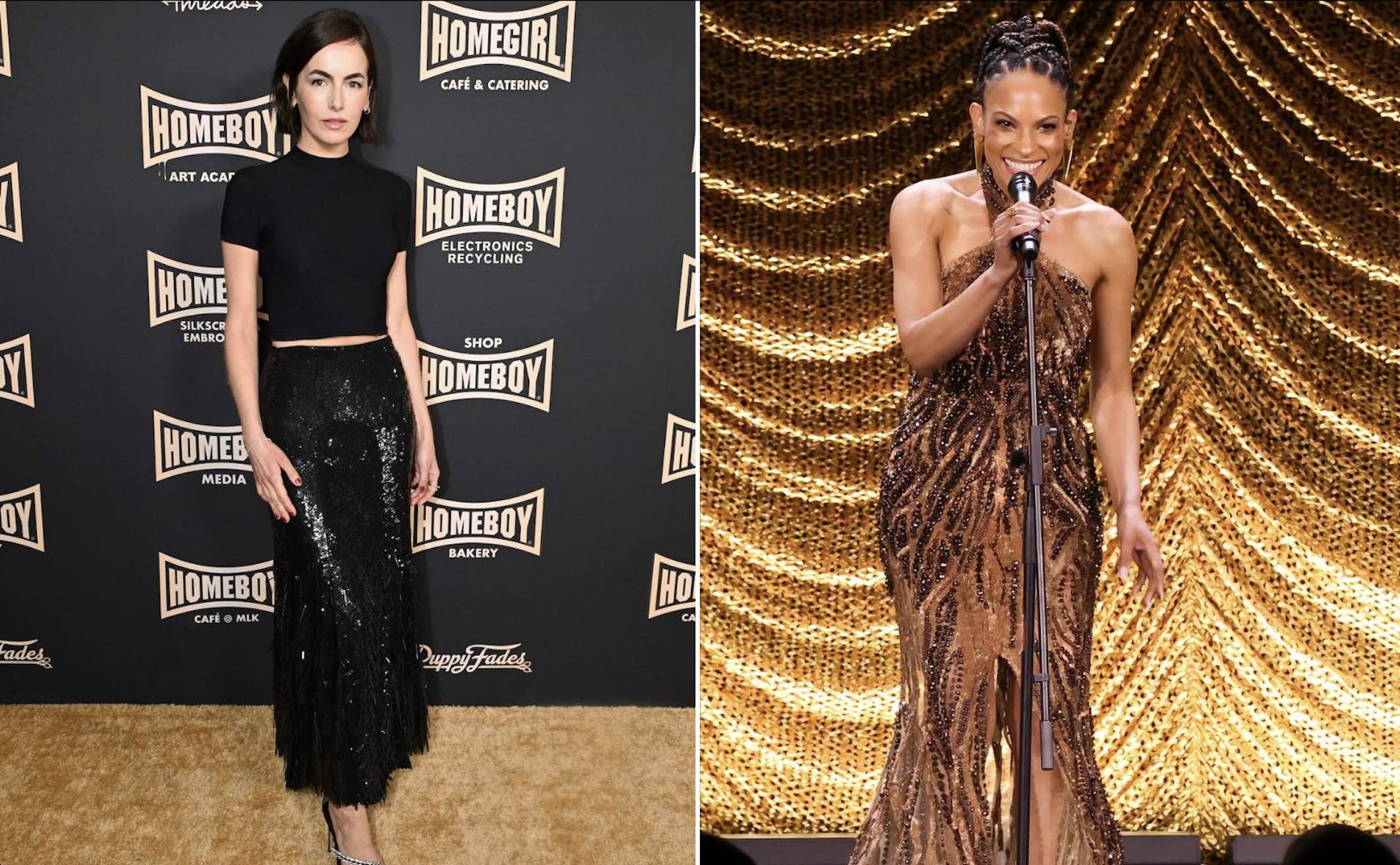 An image of two images: Board member/actress Camilla Belle and performer Goapele attend Homeboy Industries' 2026 Lo Maximo Awards and Fundraising Gala at JW Marriott Los Angeles L.A. LIVE on April 25, 2026, in Los Angeles, California. 
